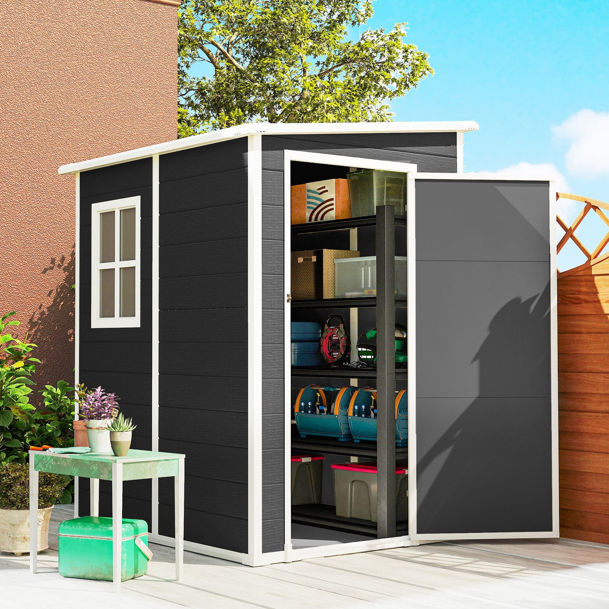 4 x 5FT Plastic Garden Shed with Floor, Lean to Outdoor Storage Shed, Lockable Tool Storage House with Window, Vent and Plastic Roof, Black