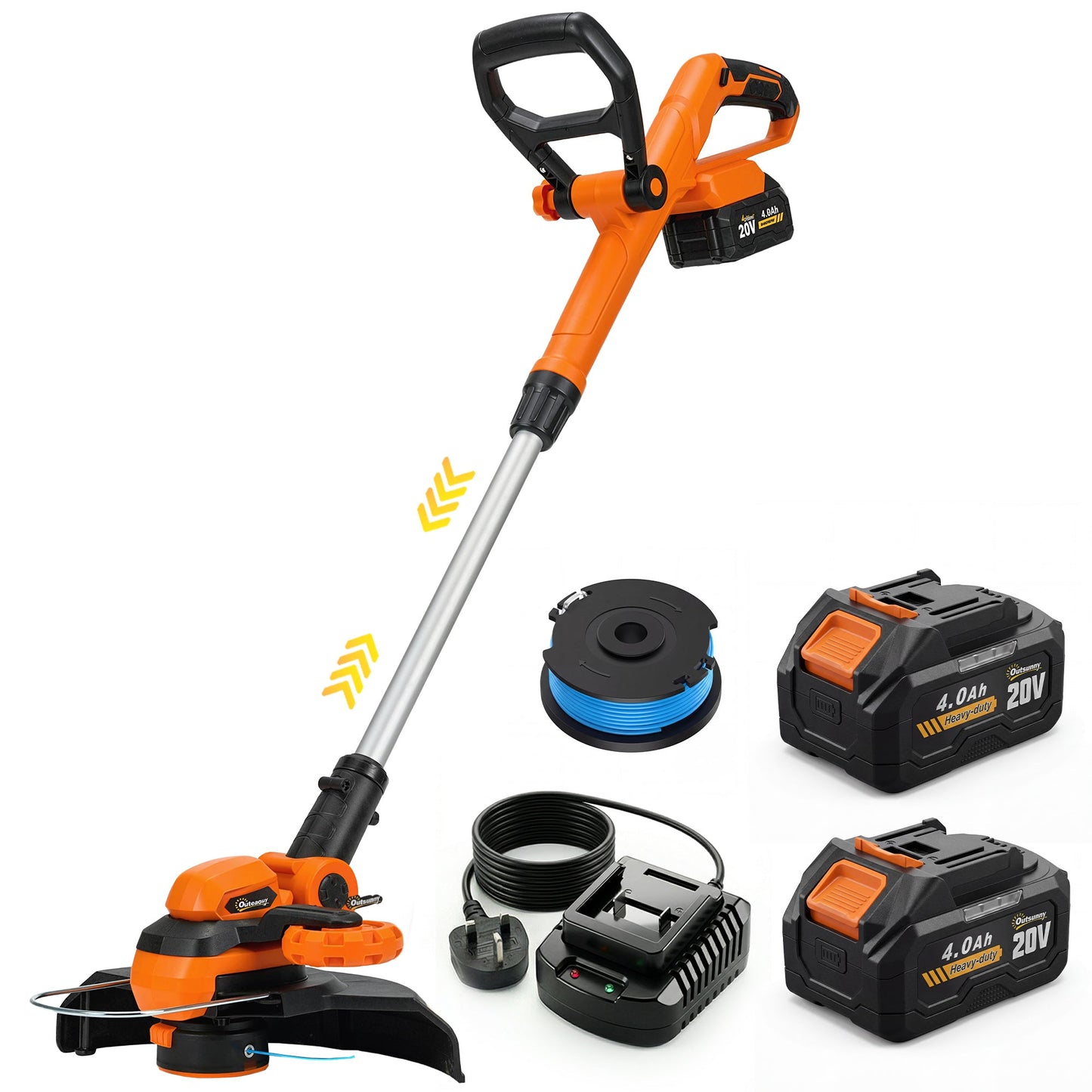 Cordless Strimmer with 2 x 4.0Ah Lithium Batteries & Charger, 2-in-1 Lightweight Cordless Grass Trimmer and Lawn Edger with Adjustable Pole, Head & Handle, 8000 RPM, 25cm Cutting Width