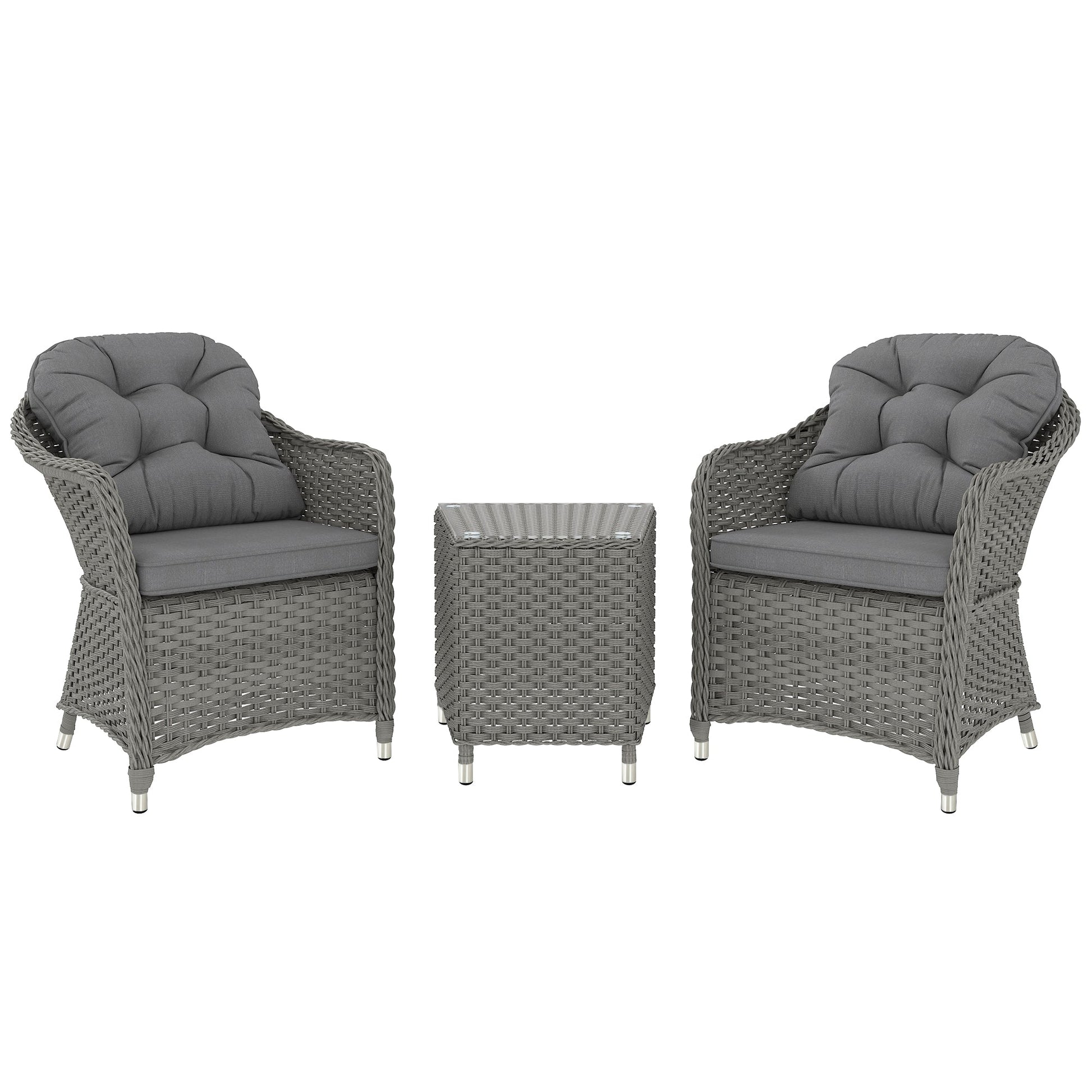 3 Pieces Rattan Bistro Set, Wicker Garden Bistro Set, Glass Top Balcony Table and Chairs with Cushions for Outdoor, Patio, Balcony, Light Grey