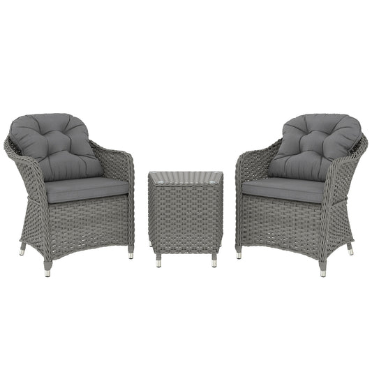 3 Pieces Rattan Bistro Set, Wicker Garden Bistro Set, Glass Top Balcony Table and Chairs with Cushions for Outdoor, Patio, Balcony, Light Grey