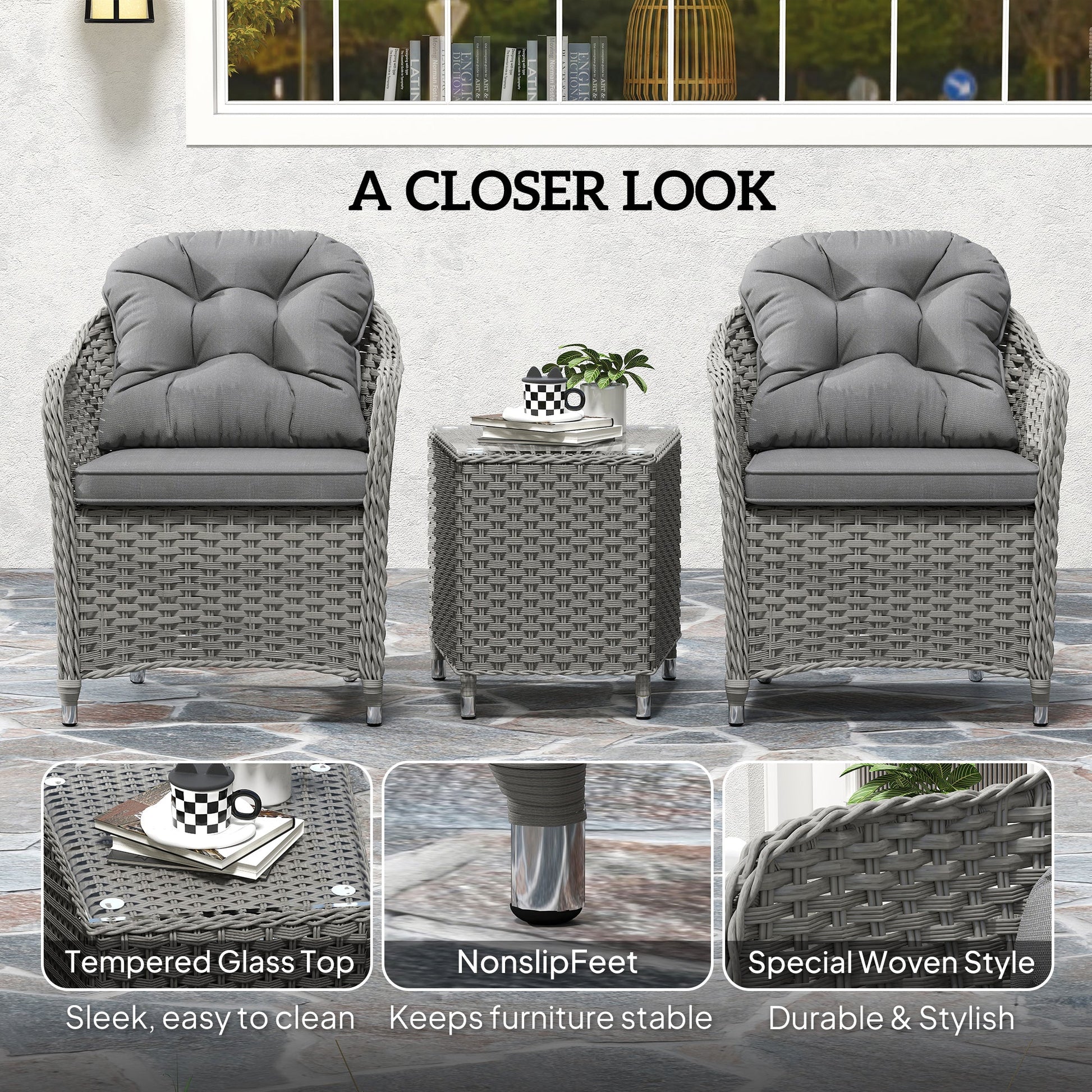 3 Pieces Rattan Bistro Set, Wicker Garden Bistro Set, Glass Top Balcony Table and Chairs with Cushions for Outdoor, Patio, Balcony, Light Grey