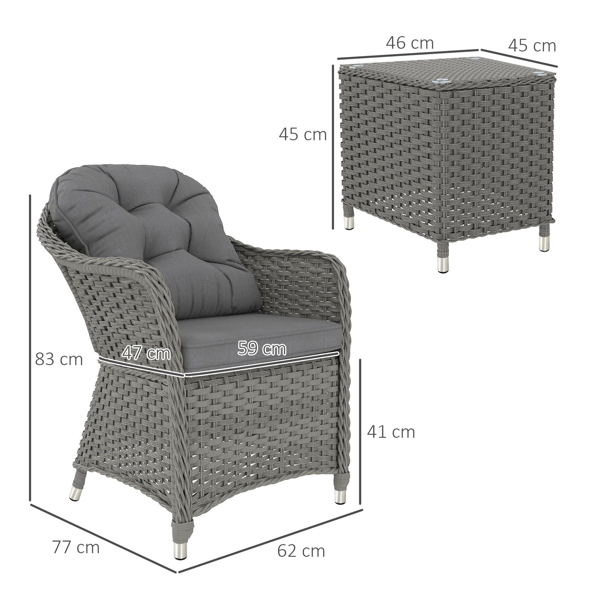3 Pieces Rattan Bistro Set, Wicker Garden Bistro Set, Glass Top Balcony Table and Chairs with Cushions for Outdoor, Patio, Balcony, Light Grey