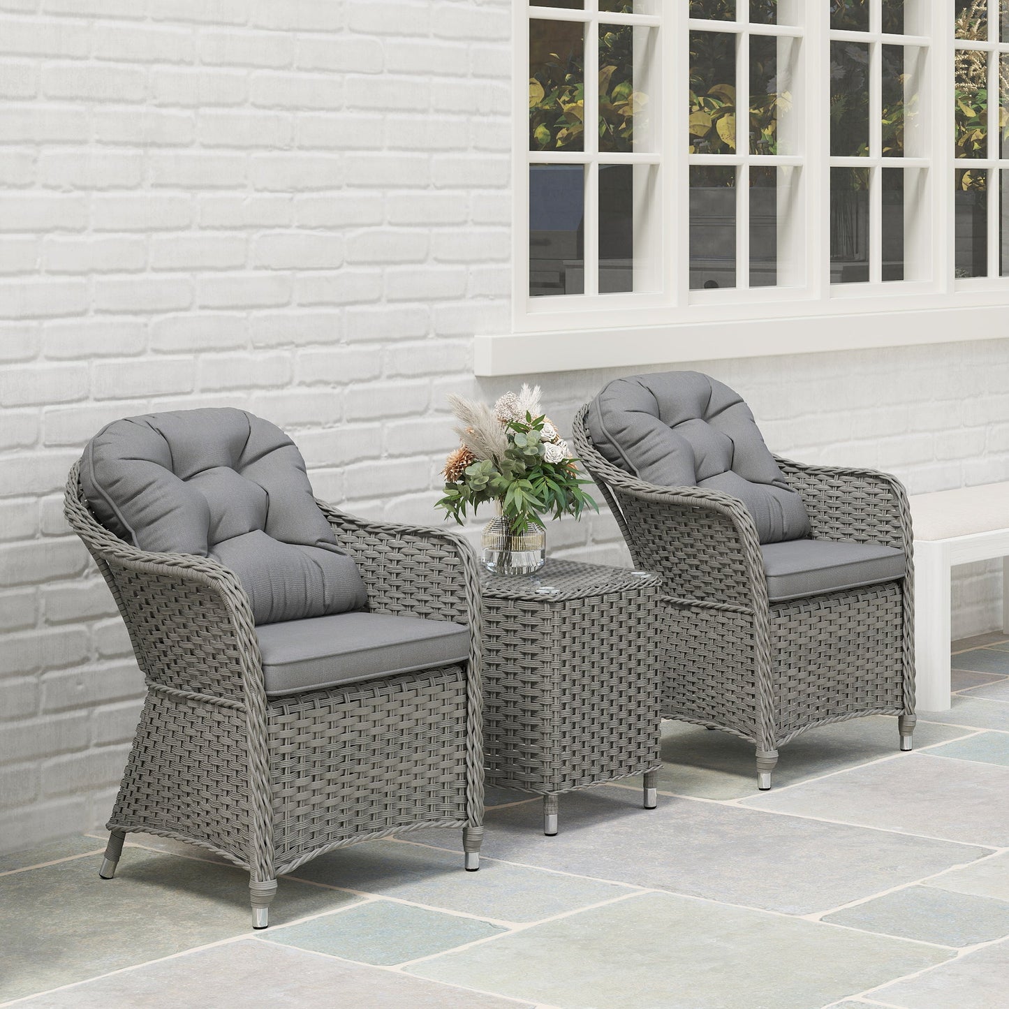 3 Pieces Rattan Bistro Set, Wicker Garden Bistro Set, Glass Top Balcony Table and Chairs with Cushions for Outdoor, Patio, Balcony, Light Grey