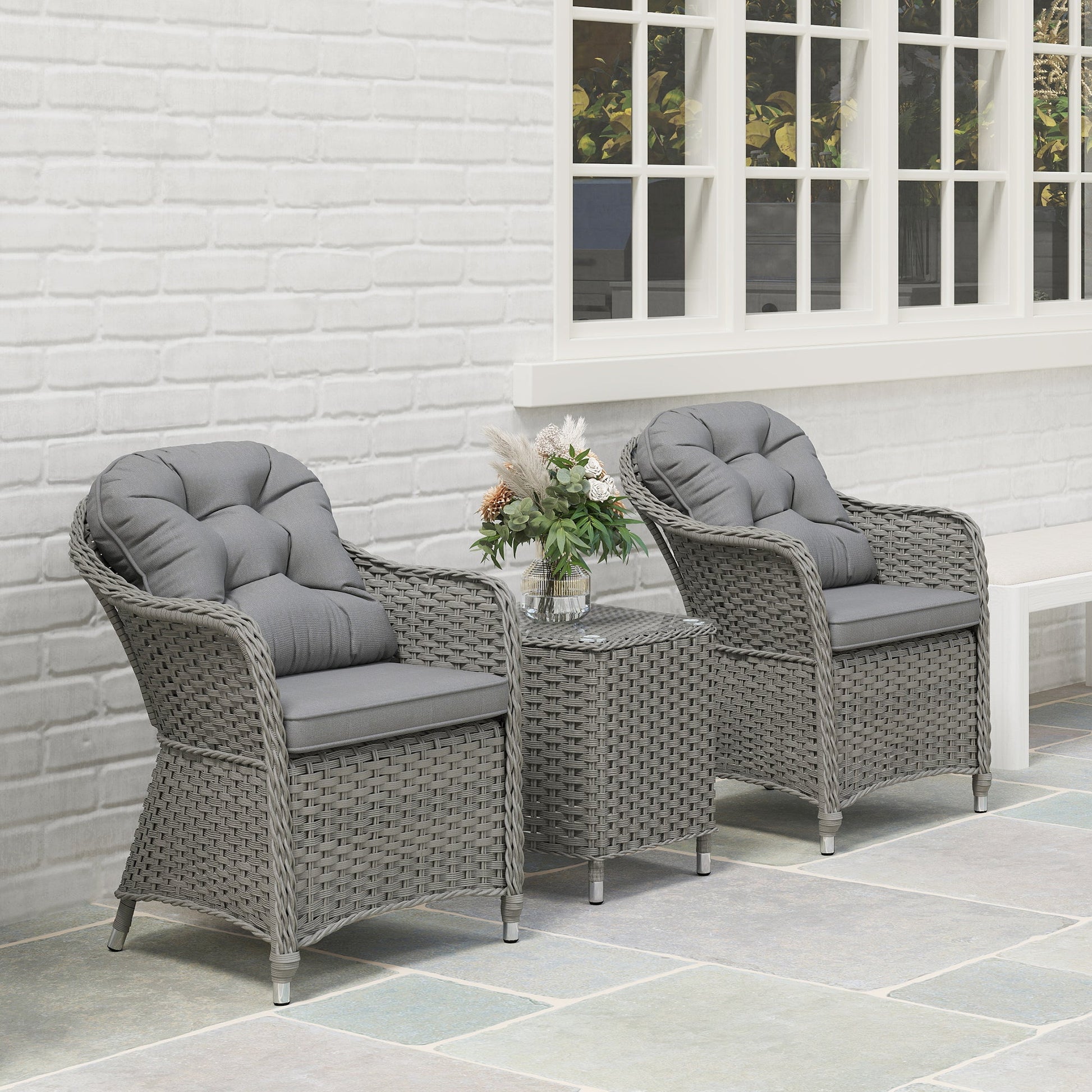 3 Pieces Rattan Bistro Set, Wicker Garden Bistro Set, Glass Top Balcony Table and Chairs with Cushions for Outdoor, Patio, Balcony, Light Grey