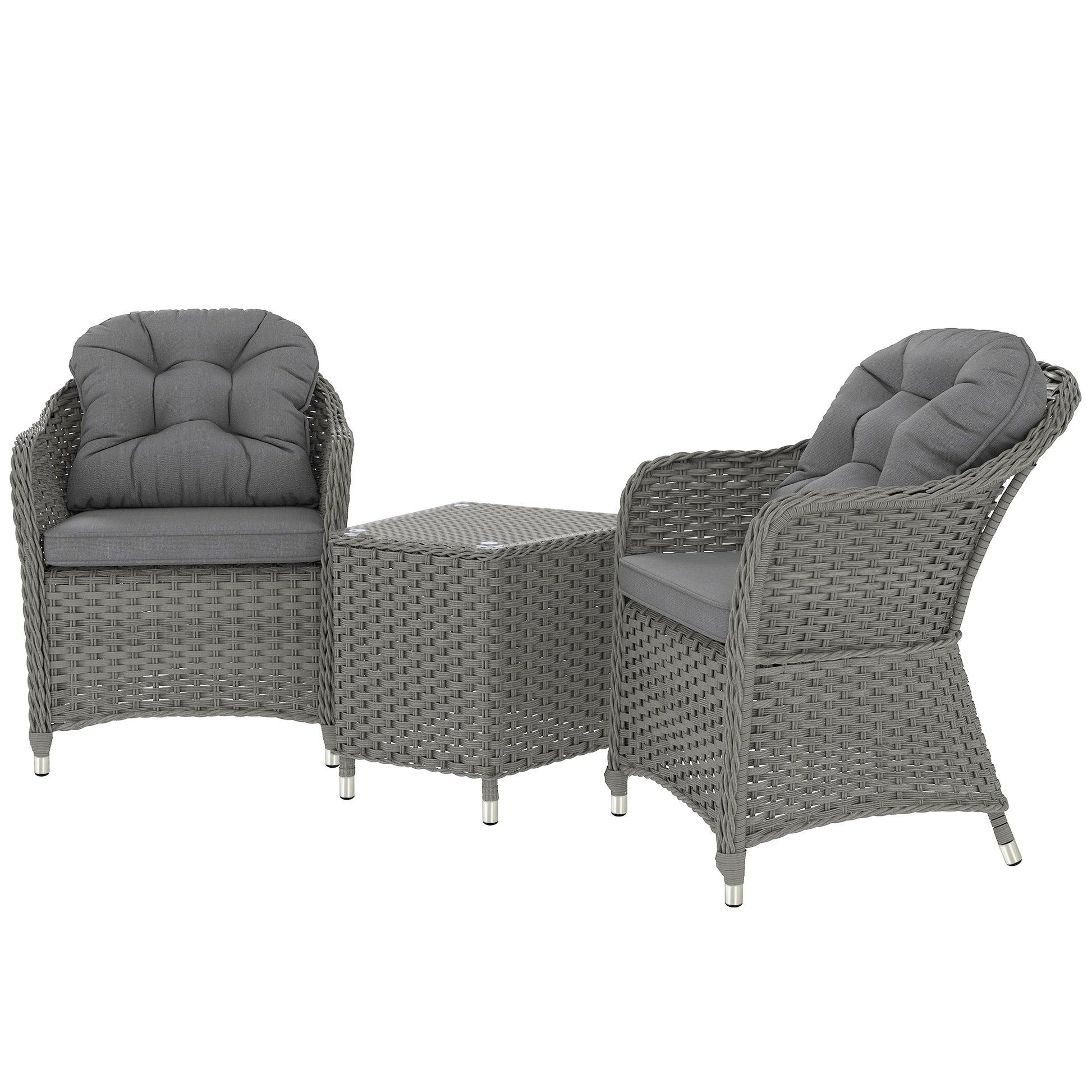 3 Pieces Rattan Bistro Set, Wicker Garden Bistro Set, Glass Top Balcony Table and Chairs with Cushions for Outdoor, Patio, Balcony, Light Grey