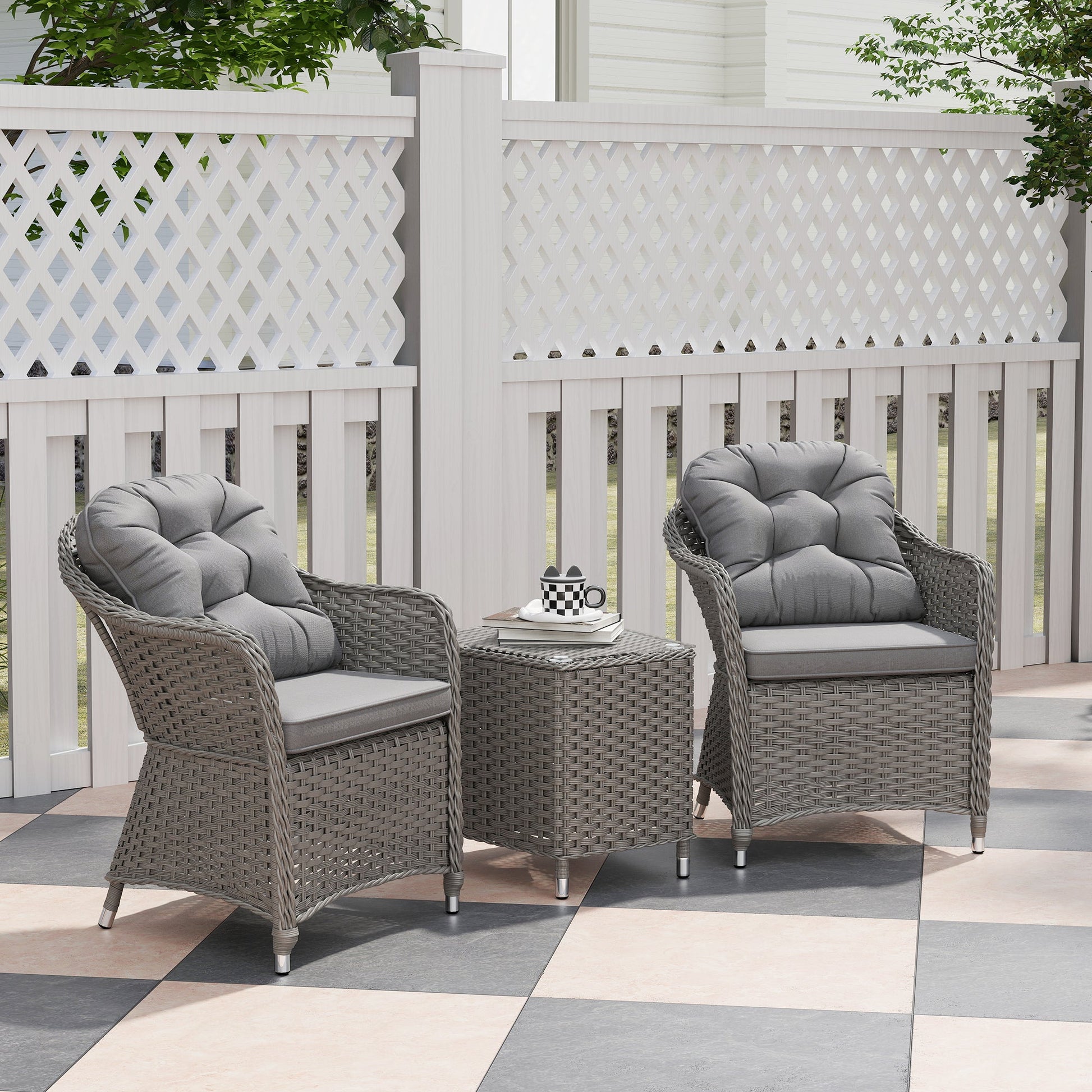 3 Pieces Rattan Bistro Set, Wicker Garden Bistro Set, Glass Top Balcony Table and Chairs with Cushions for Outdoor, Patio, Balcony, Light Grey