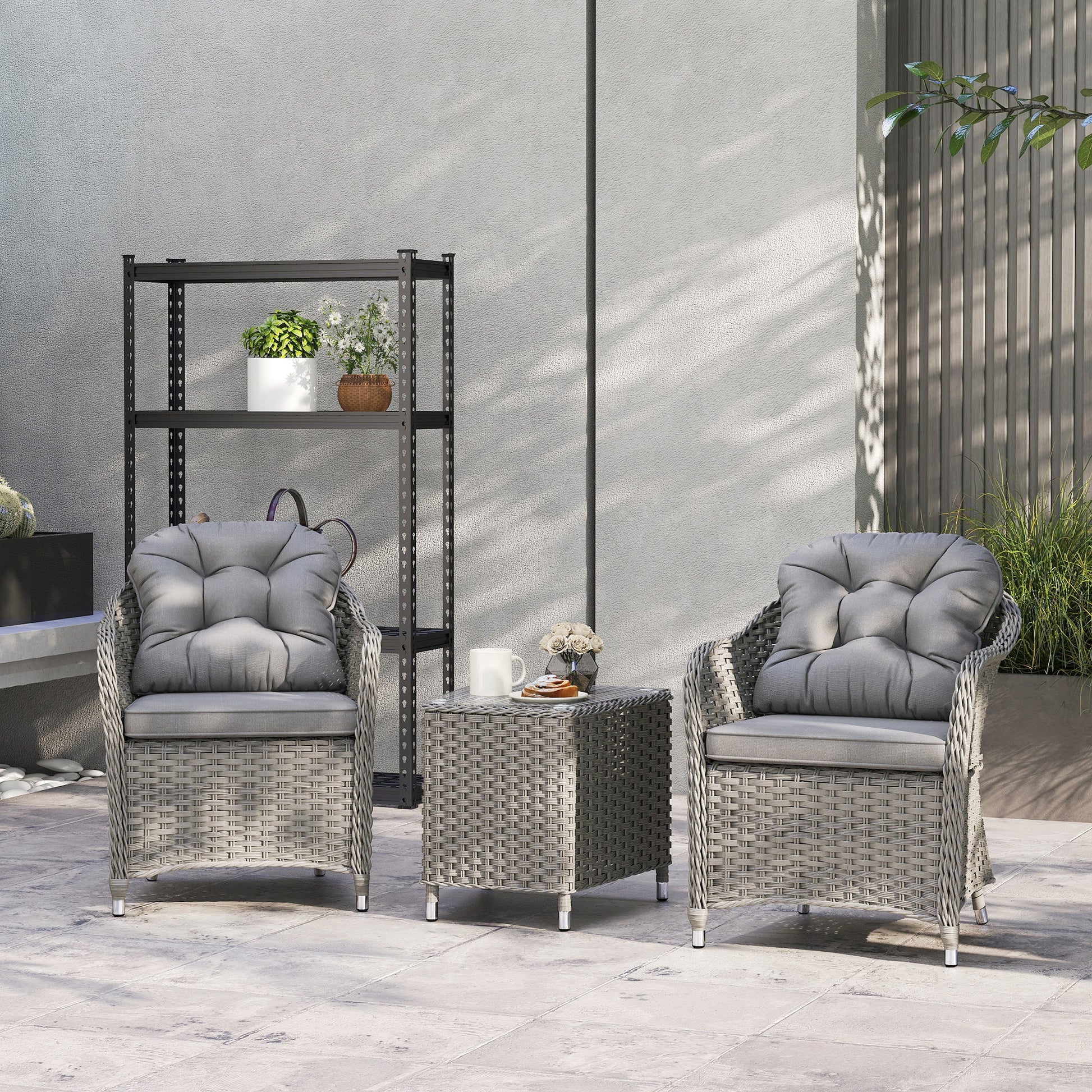 3 Pieces Rattan Bistro Set, Wicker Garden Bistro Set, Glass Top Balcony Table and Chairs with Cushions for Outdoor, Patio, Balcony, Light Grey
