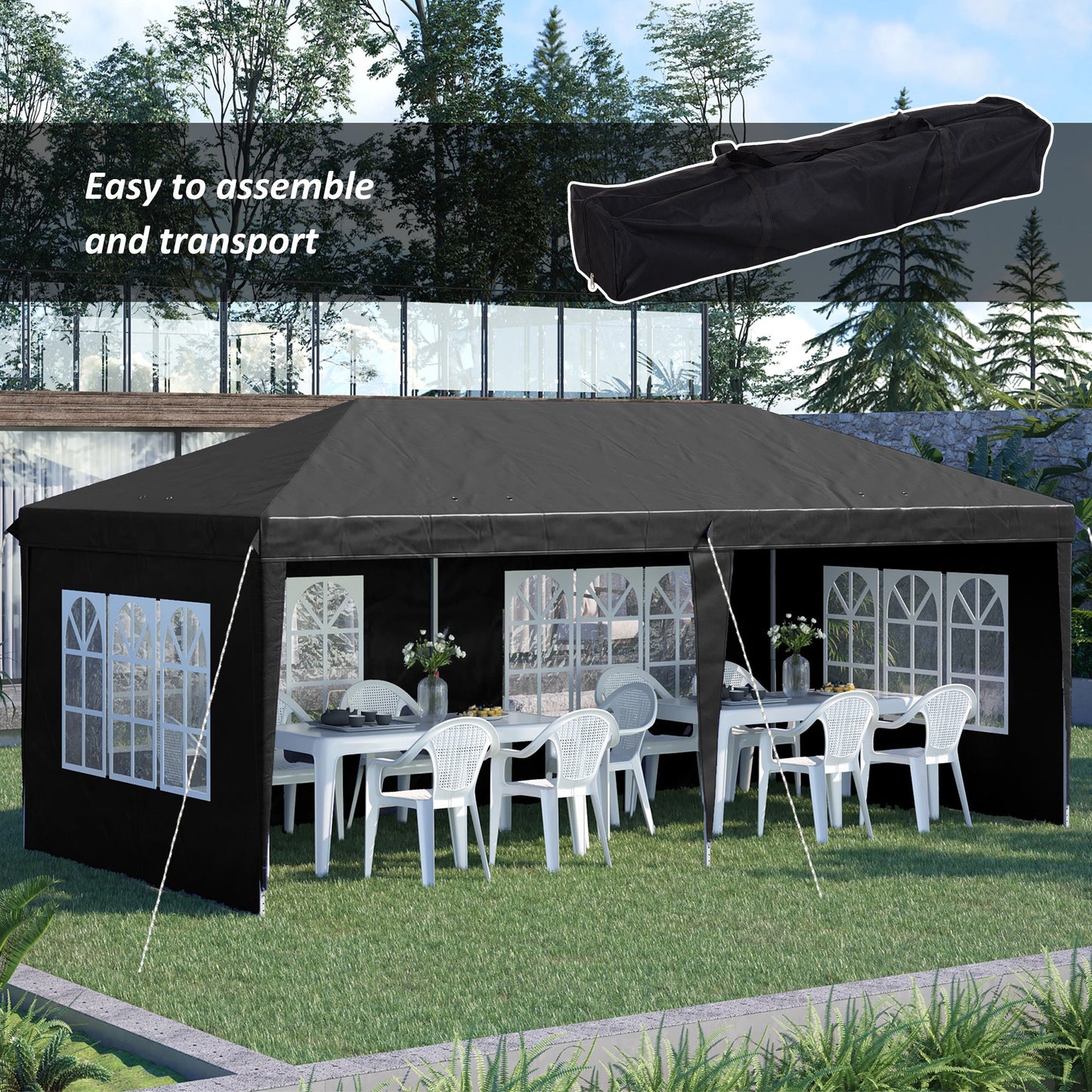 3 x 6m Garden Pop Up Gazebo, Height Adjustable Marquee Party Tent with Sidewalls, Storage Bag, Black