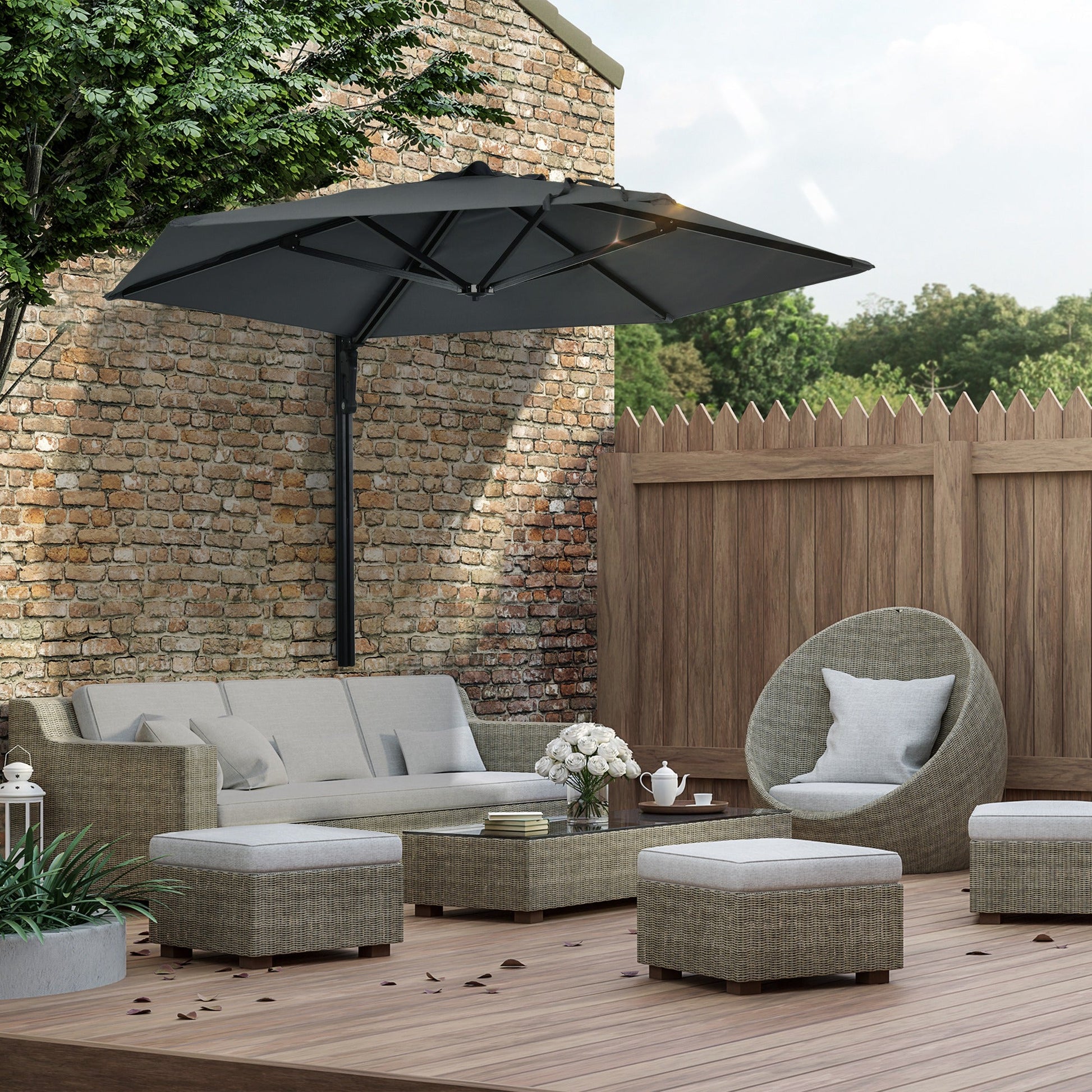 2.5m Wall Mounted Parasol, Hand to Push Outdoor Patio Umbrella with 180 Degree Rotatable Canopy for Porch, Deck, Garden, 250 cm, Dark Grey