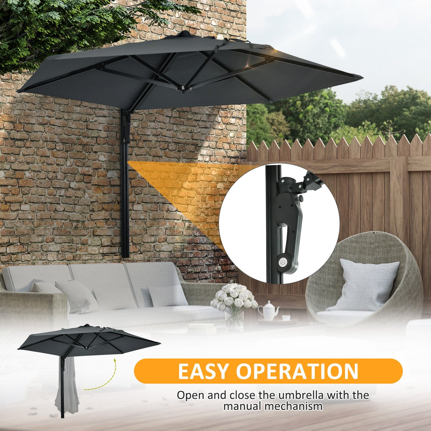 2.5m Wall Mounted Parasol, Hand to Push Outdoor Patio Umbrella with 180 Degree Rotatable Canopy for Porch, Deck, Garden, 250 cm, Dark Grey