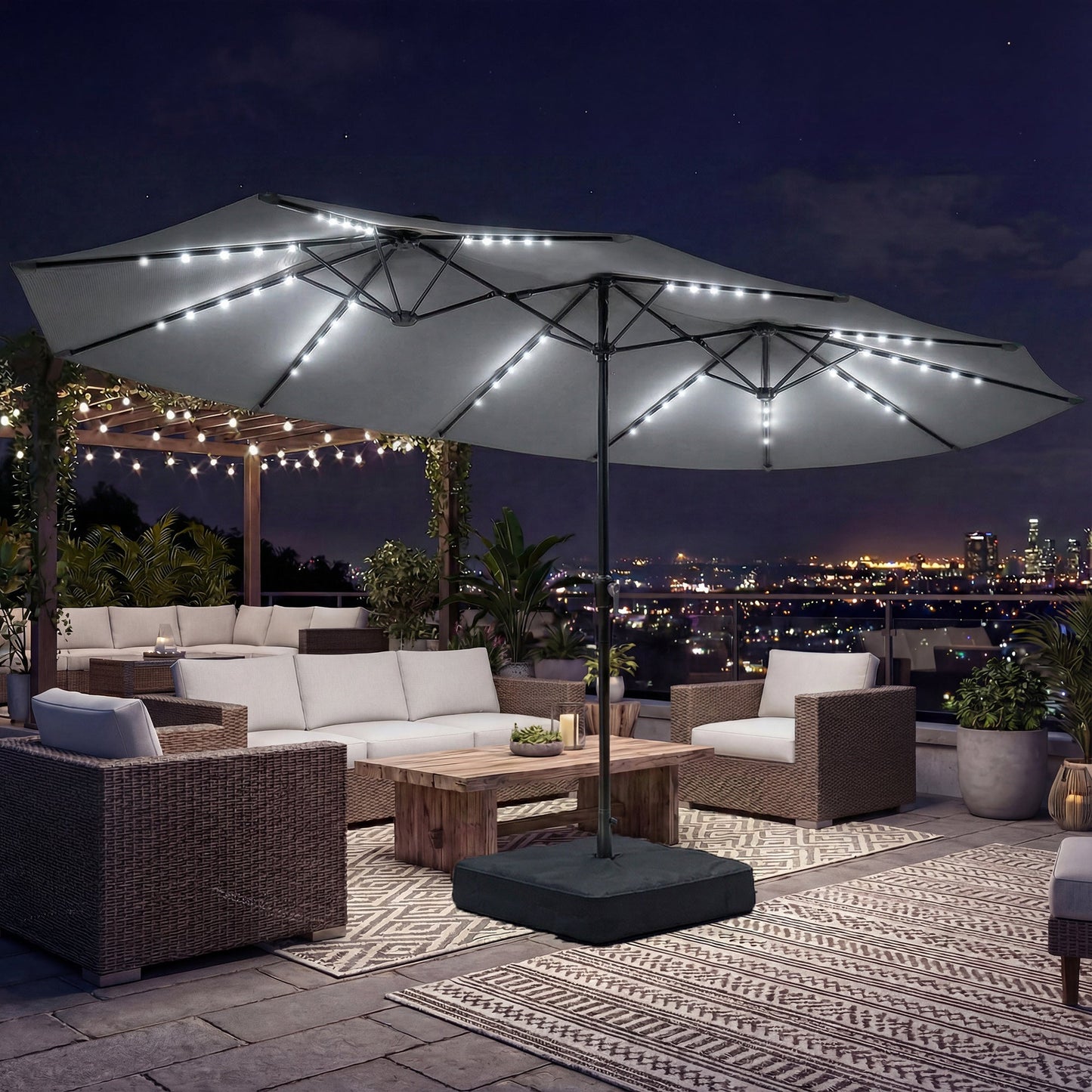 4.5m Garden Parasol Double Sided Umbrella with Base and Sandbags, 60 Solar Powered LED Lights, Patio Umbrella with Crank Handle, Ribs, Water Repellent, Grey