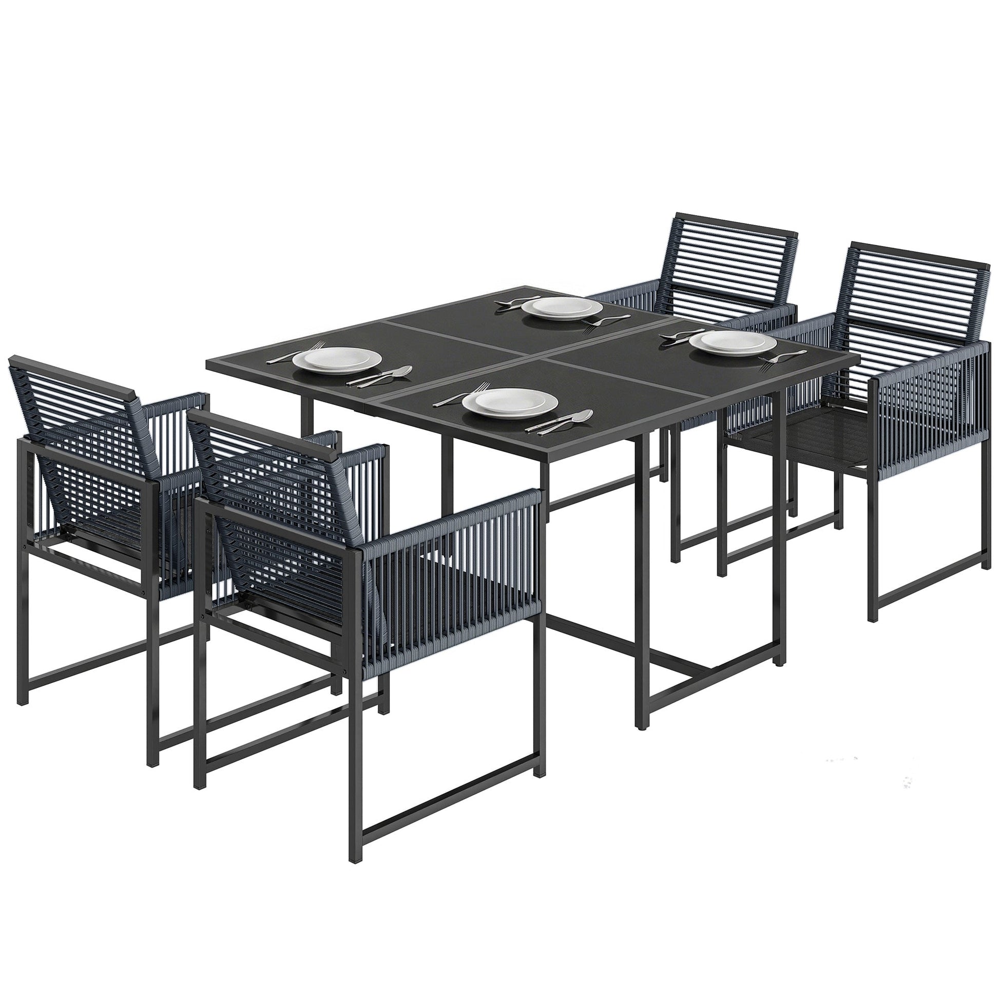 5 Pieces Garden Dining Set, Outdoor Patio Cube Set, 4 Seater Outdoor Table and Chairs with Foldable Backrest, Tempered Glass Top, Space-Saving, Dark Grey