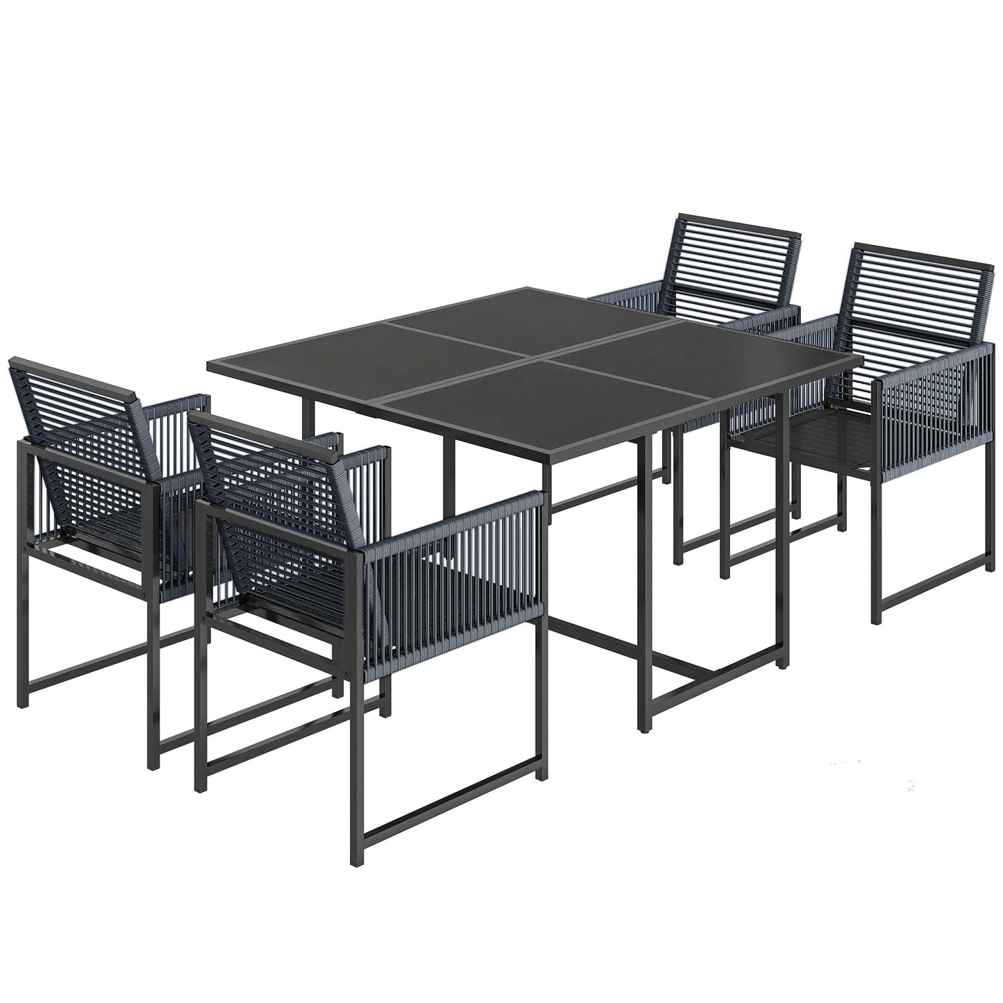 5 Pieces Garden Dining Set, Outdoor Patio Cube Set, 4 Seater Outdoor Table and Chairs with Foldable Backrest, Tempered Glass Top, Space-Saving, Dark Grey
