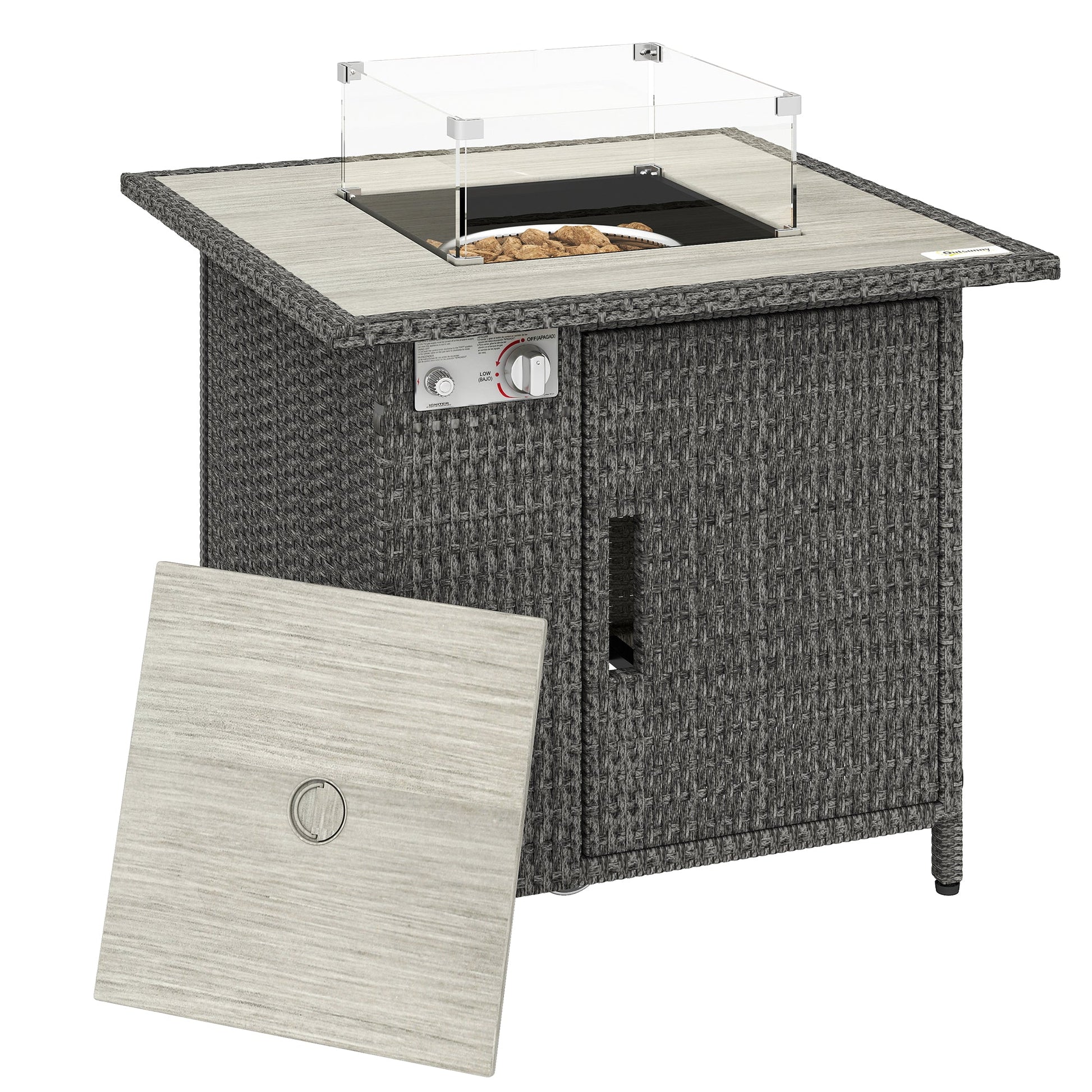 Rattan Gas Fire Pit Table, 14.5 KW Square Smokeless Propane Gas Fire Pit with Rain Cover, Wind Guard, Lid, Spark Guard Mesh, Lava Rocks, Outdoor Garden Coffee Table with Heater, Dark Grey
