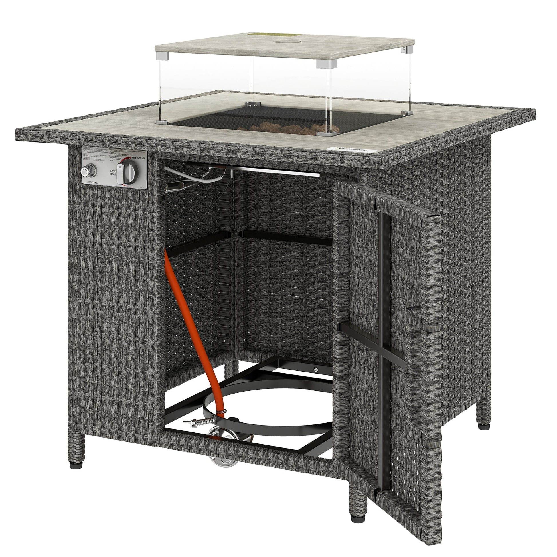 Rattan Gas Fire Pit Table, 14.5 KW Square Smokeless Propane Gas Fire Pit with Rain Cover, Wind Guard, Lid, Spark Guard Mesh, Lava Rocks, Outdoor Garden Coffee Table with Heater, Dark Grey