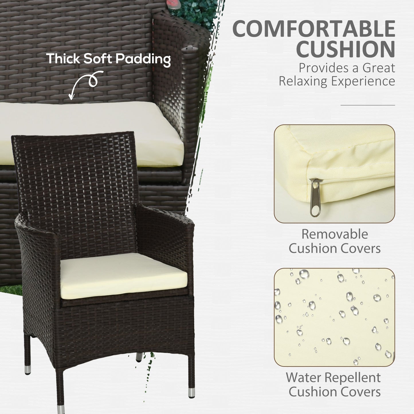 2 Pieces Outdoor PE Rattan Dining Chairs Set with Cushion, Garden Armchair with Armrests, High Backrest, Metal Frame Patio Wicker Furniture, Coffee