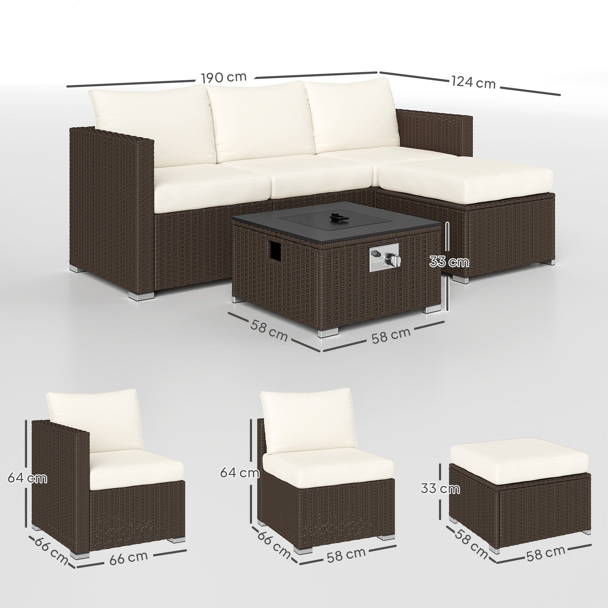 5 Piece Rattan Garden Furniture Set with Gas Fire Pit Table, 4 Seater Outdoor Sectional Sofa Set with Footstool and Removable Cushions, Modular Combination, Brown and Cream White