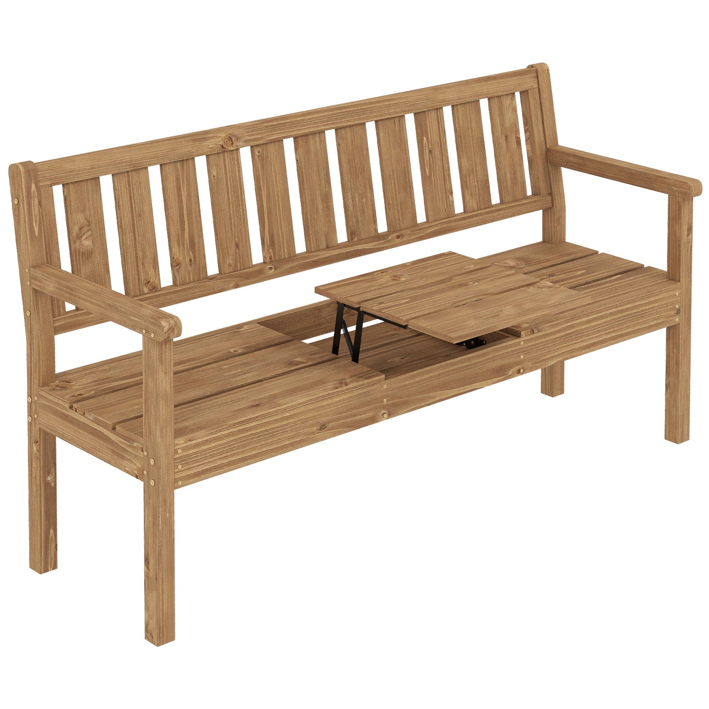Wooden Garden Loveseat with Liftable Table and Hidden Storage Shelf, 2-3-Seater Outdoor Bench, Fir Wood Jack and Jill Garden Seat with Armrests for Patio, Porch, Teak