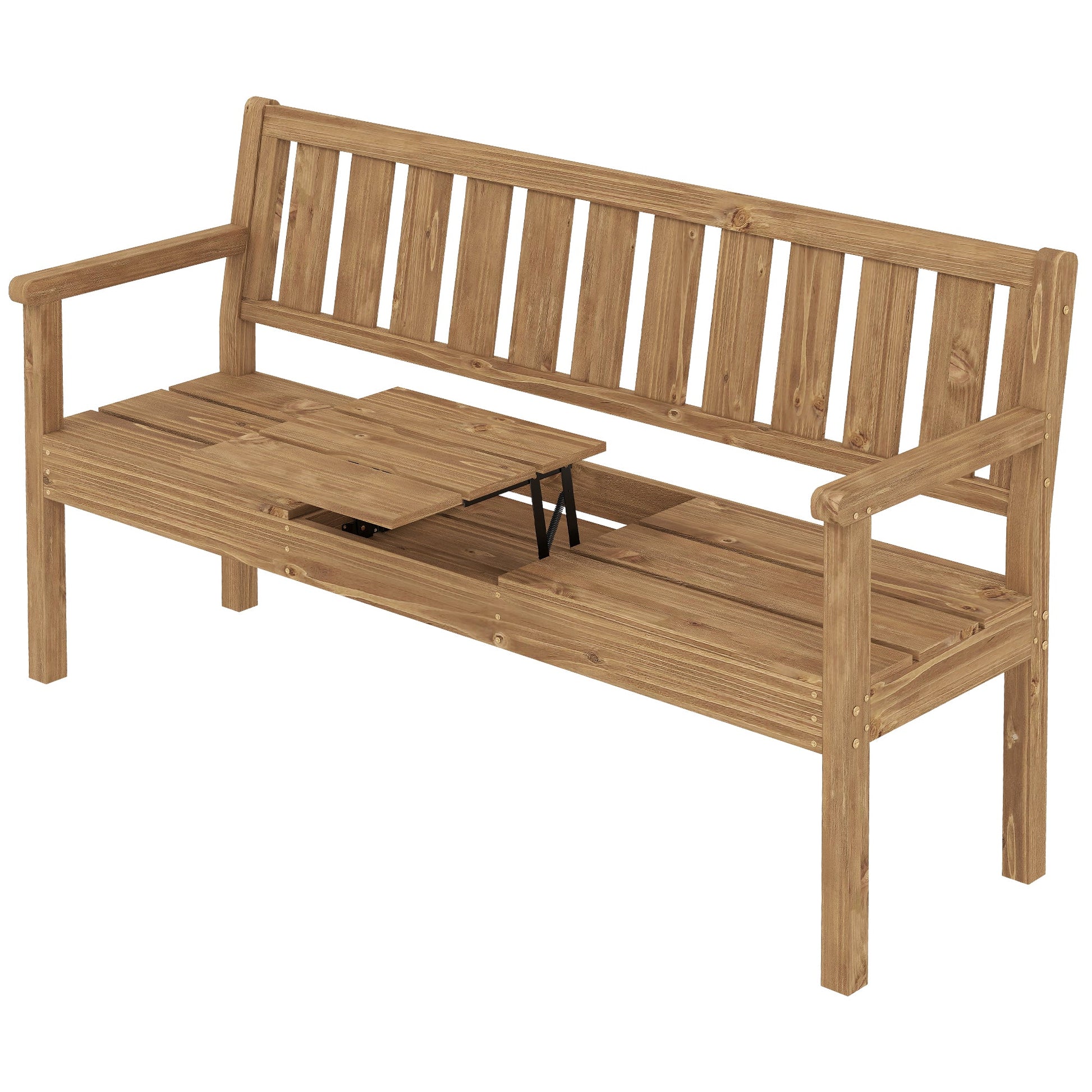 Wooden Garden Loveseat with Liftable Table and Hidden Storage Shelf, 2-3-Seater Outdoor Bench, Fir Wood Jack and Jill Garden Seat with Armrests for Patio, Porch, Teak