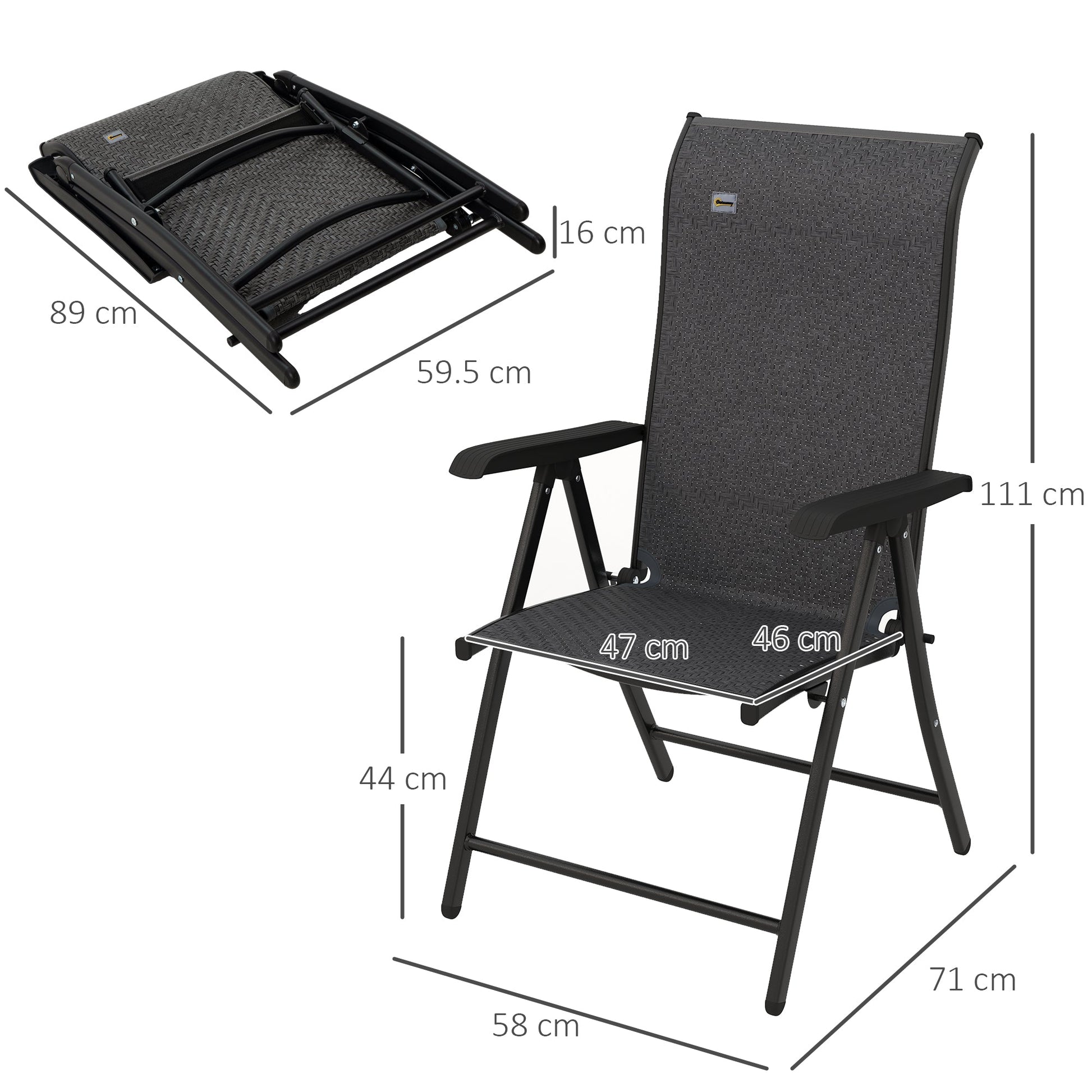 Set of 4 Outdoor Wicker Folding Chairs, Patio PE Rattan Dining Armrests Chair set with 7 Levels Adjustable Backrest, for Outdoors, Camping, Grey