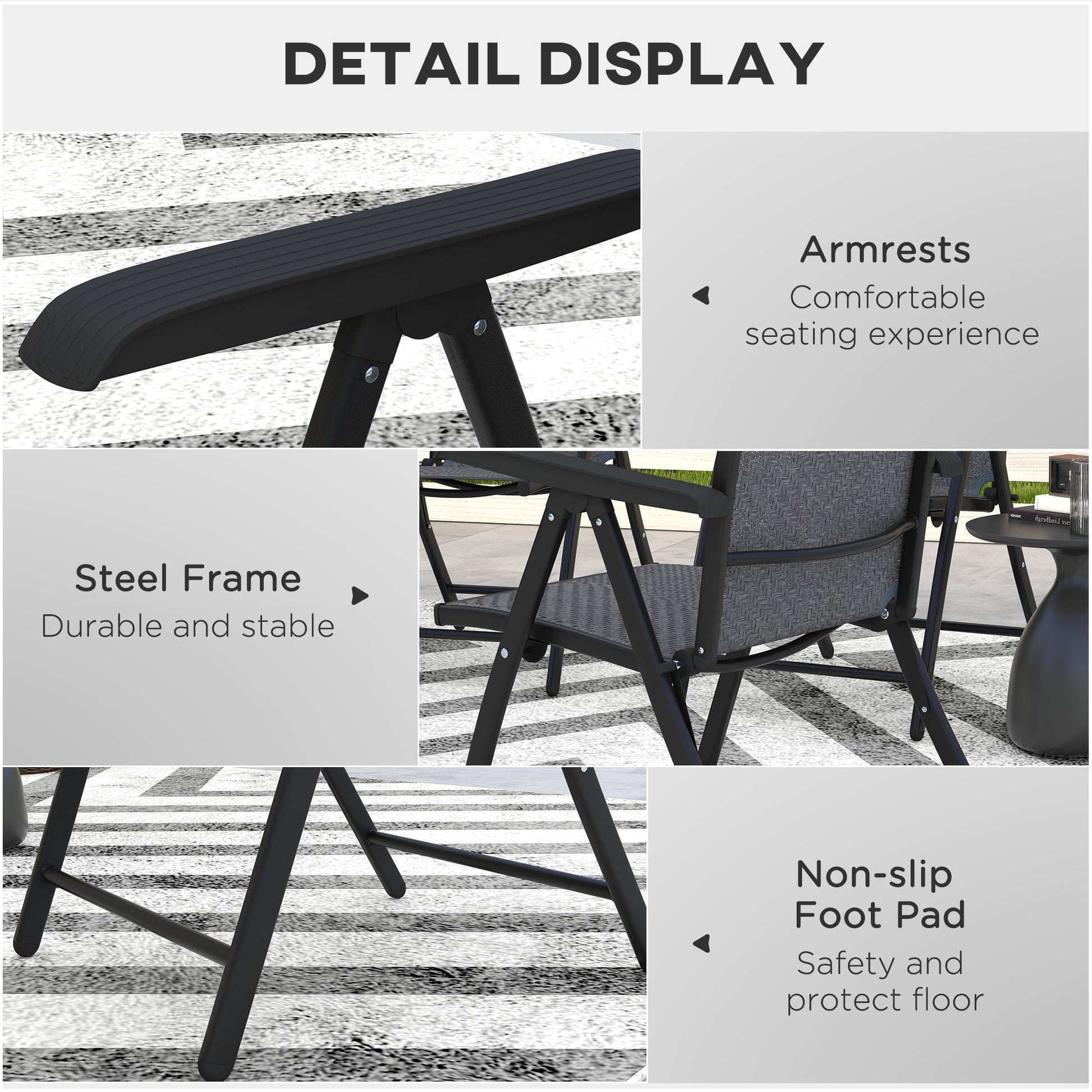 Set of 4 Outdoor Wicker Folding Chairs, Patio PE Rattan Dining Armrests Chair set with 7 Levels Adjustable Backrest, for Outdoors, Camping, Grey