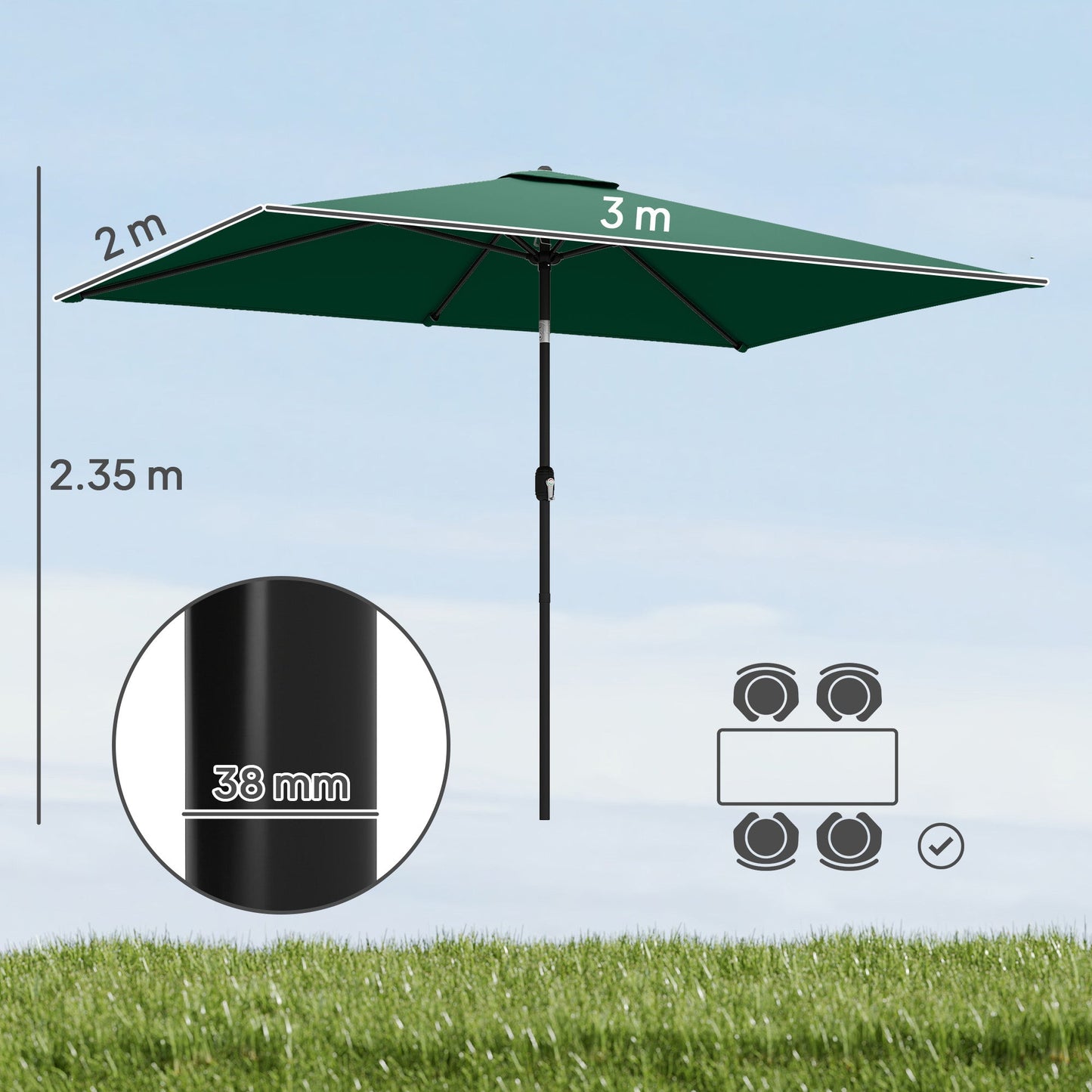 3x2m Garden Parasol, Parasol Umbrella with Crank Handle, Tilt Function, Polyester Canopy, Outdoor Table Umbrella for Patio, Garden, Green