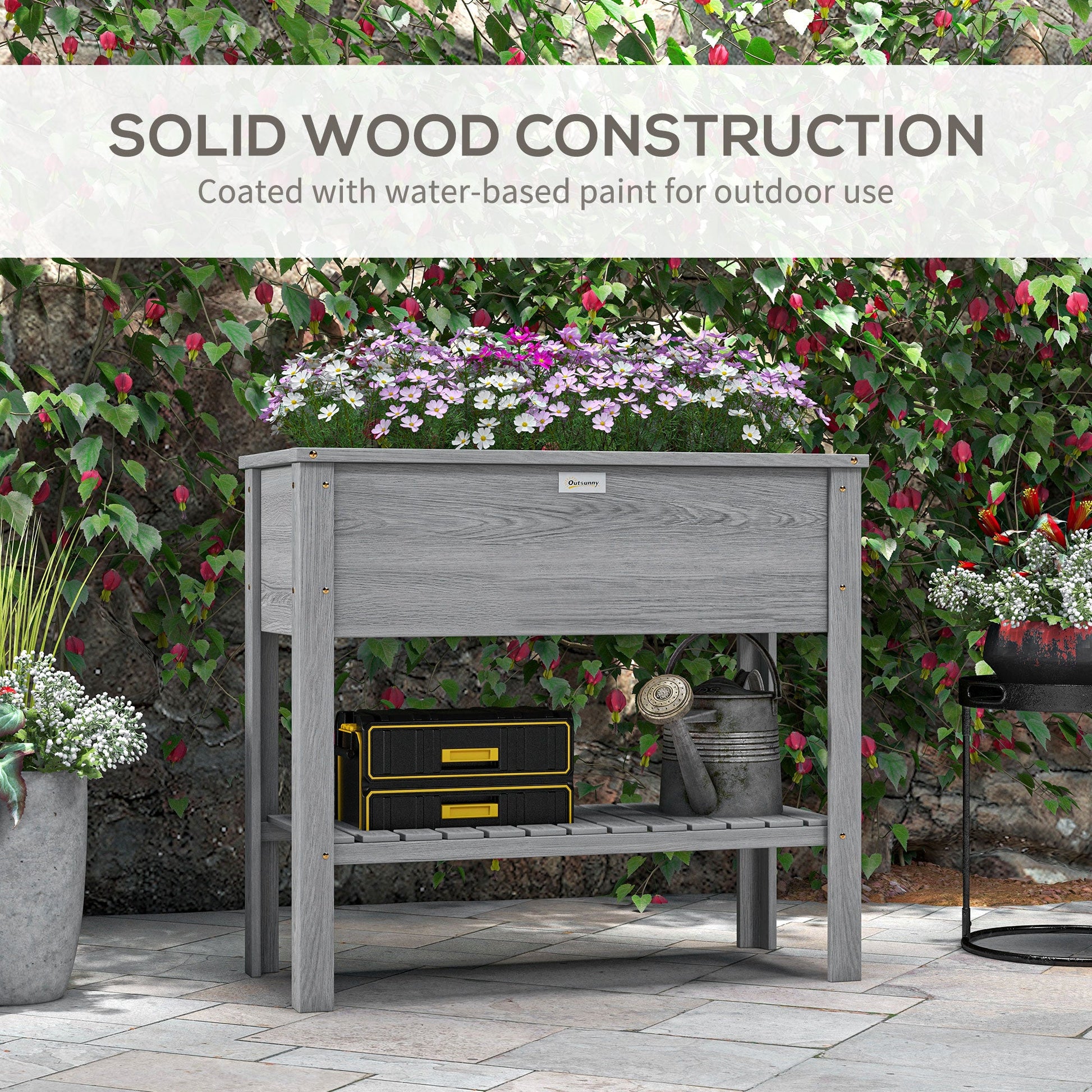 Wooden Raised Garden Bed, Elevated Planter Box with Storage Shelf and Drainage Holes, Raised Planter with Legs for Flowers, Vegetables, Herbs, Grey