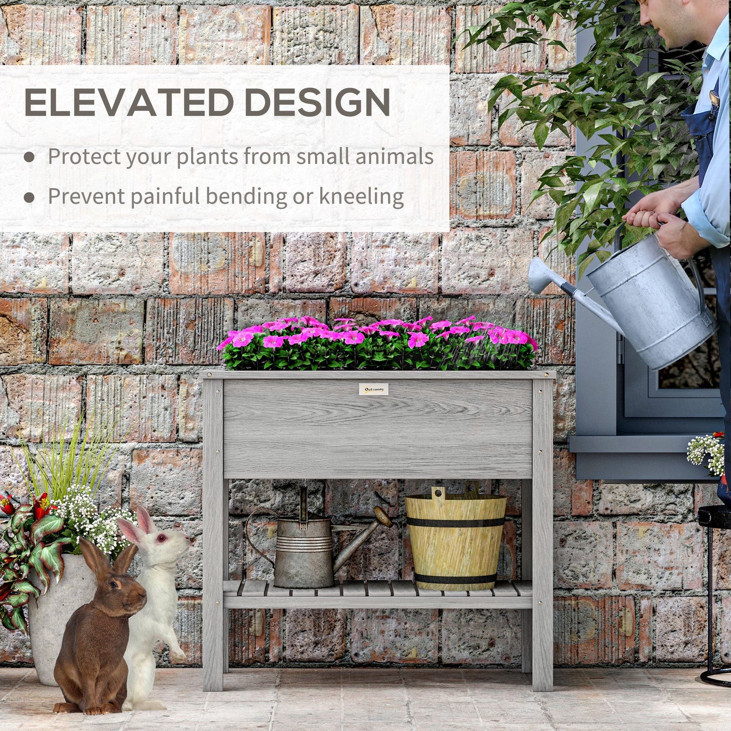 Wooden Raised Garden Bed, Elevated Planter Box with Storage Shelf and Drainage Holes, Raised Planter with Legs for Flowers, Vegetables, Herbs, Grey