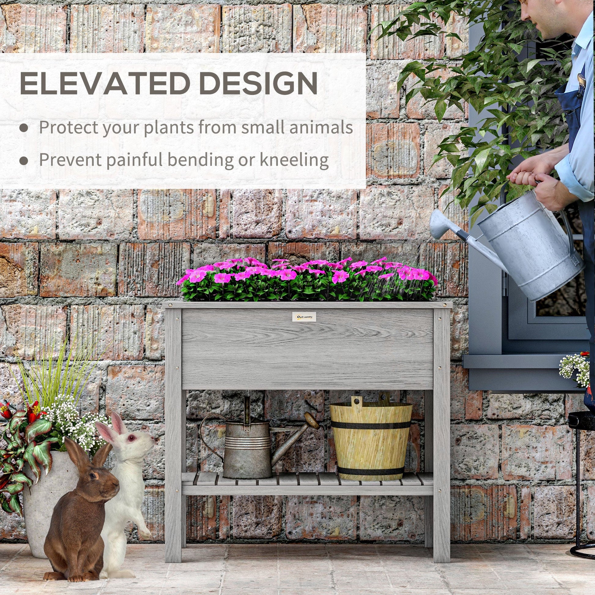 Wooden Raised Garden Bed, Elevated Planter Box with Storage Shelf and Drainage Holes, Raised Planter with Legs for Flowers, Vegetables, Herbs, Grey