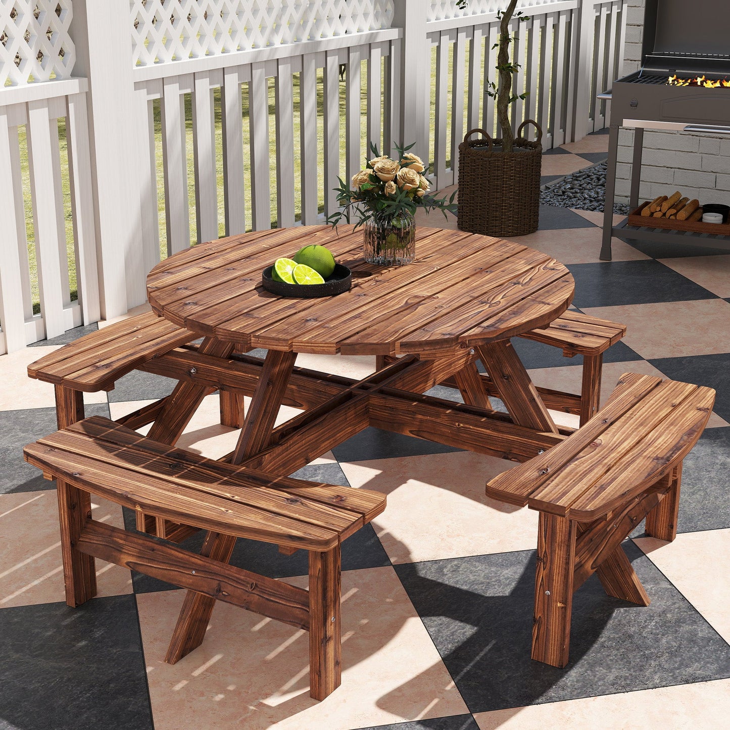Wooden Garden Dining Set, 8 Seater Round Dining Picnic Table with Matching Bench, Patio Furniture Set with Parasol Hole for Outdoor Garden Patio Party and Family Gatherings, Tan