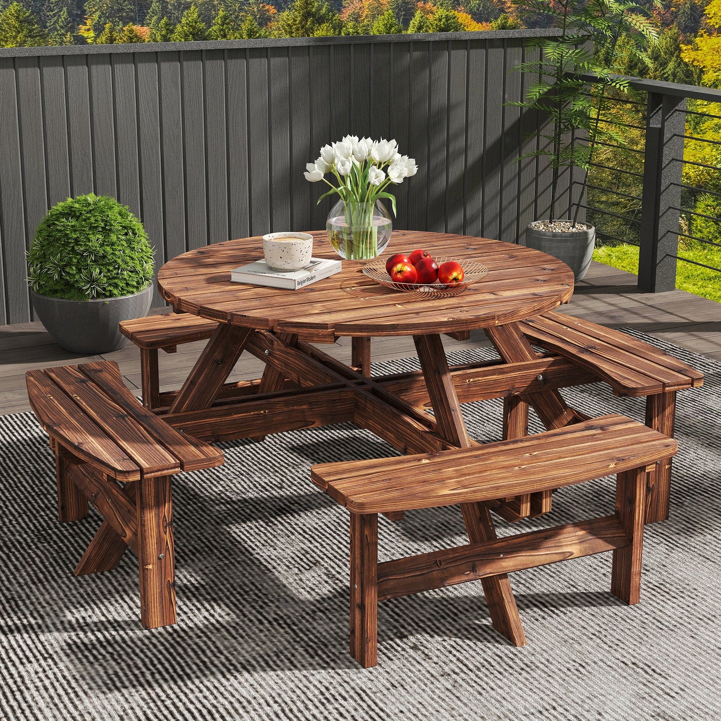 Wooden Garden Dining Set, 8 Seater Round Dining Picnic Table with Matching Bench, Patio Furniture Set with Parasol Hole for Outdoor Garden Patio Party and Family Gatherings, Tan