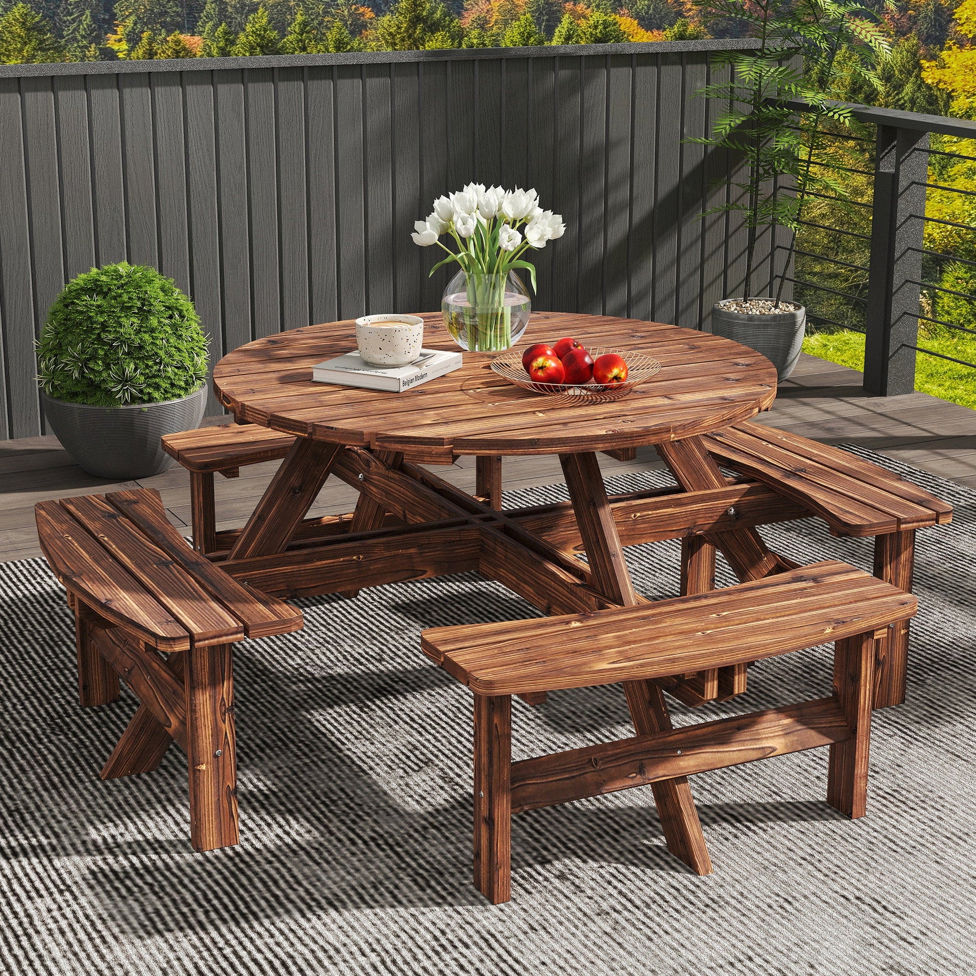 Wooden Garden Dining Set, 8 Seater Round Dining Picnic Table with Matching Bench, Patio Furniture Set with Parasol Hole for Outdoor Garden Patio Party and Family Gatherings, Tan