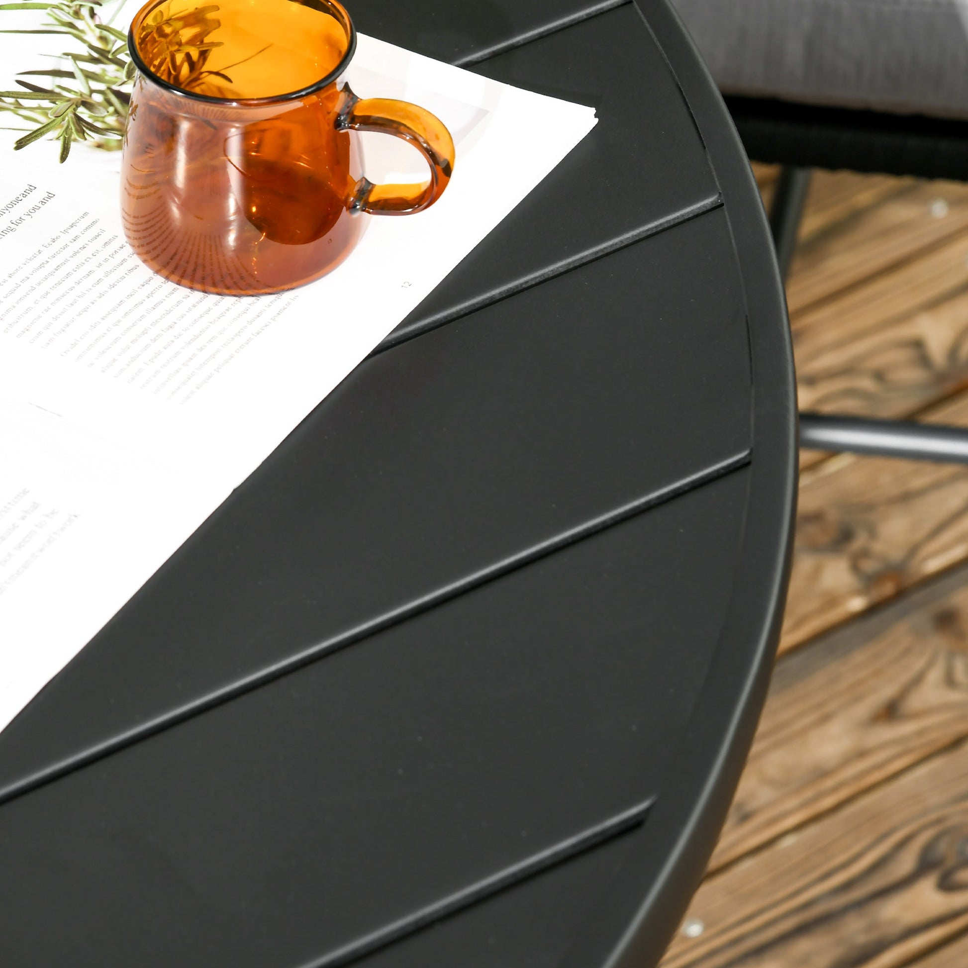 Garden Table with Parasol Hole, Outdoor Dining Garden Table for Four Persons, Round Patio Table with Slatted Metal Top, Black