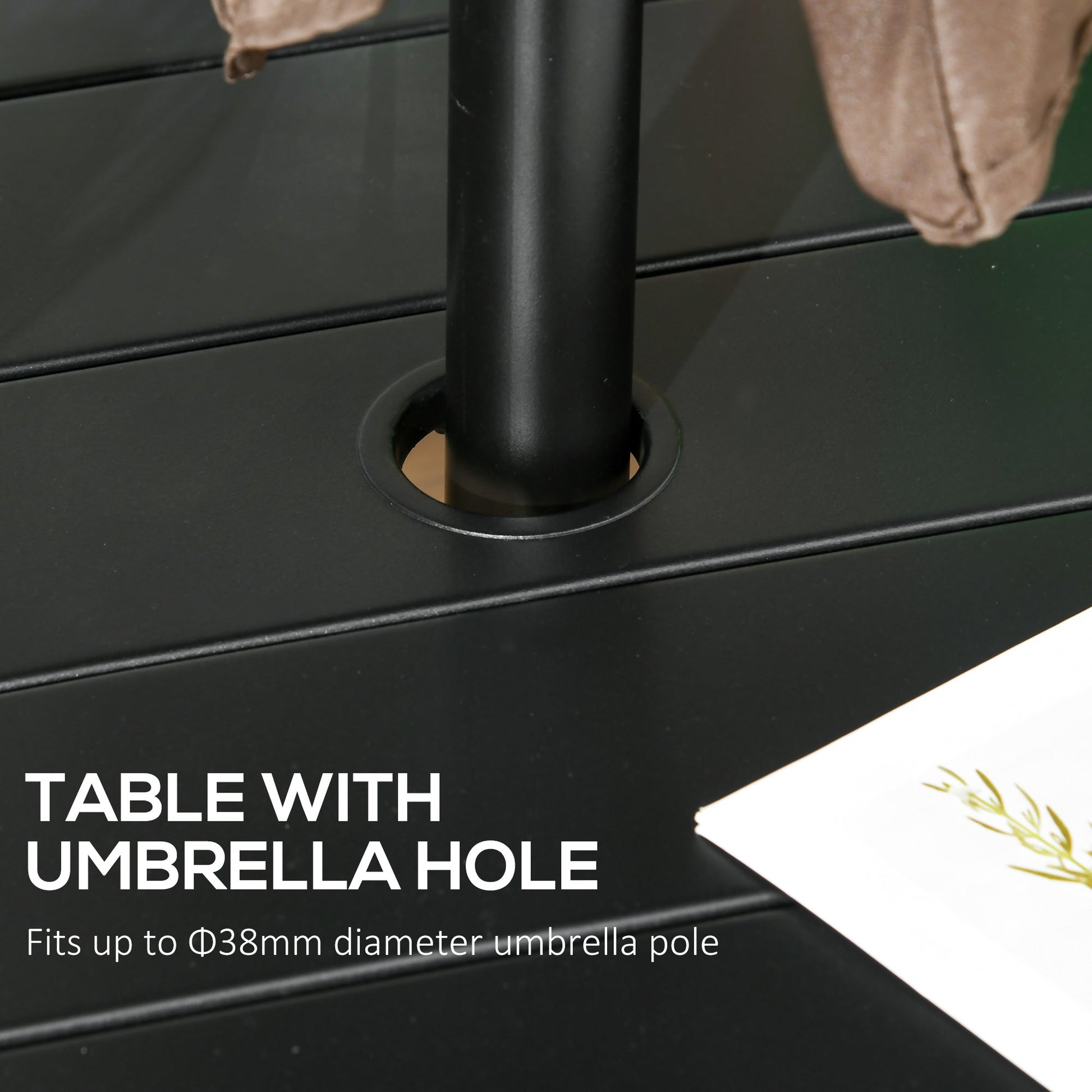 Garden Table with Parasol Hole, Outdoor Dining Garden Table for Four Persons, Round Patio Table with Slatted Metal Top, Black