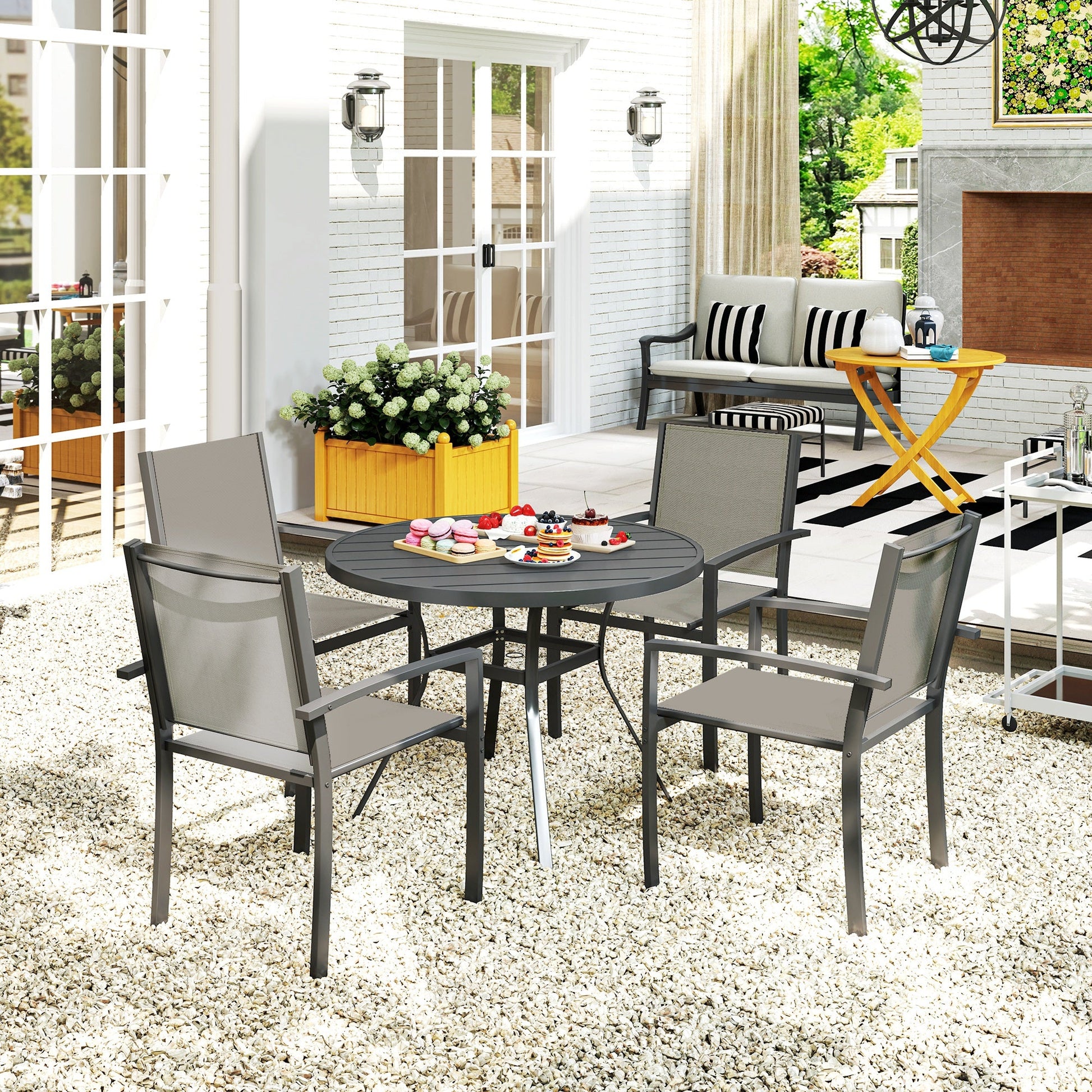 5 Piece Garden Furniture Set, Garden Dining Set with Round Table and 4 Stackable Chairs, Steel Frame, for Outdoor, Patio, Terraces, Dark Grey