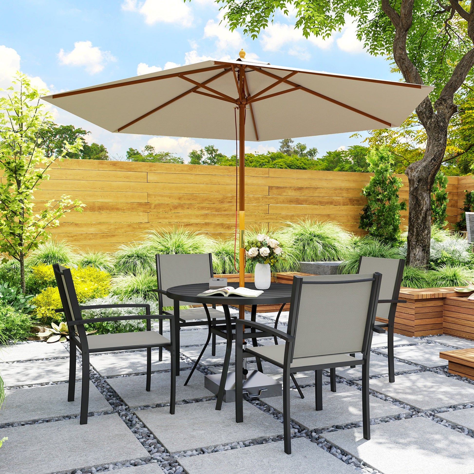 5 Piece Garden Furniture Set, Garden Dining Set with Round Table and 4 Stackable Chairs, Steel Frame, for Outdoor, Patio, Terraces, Dark Grey