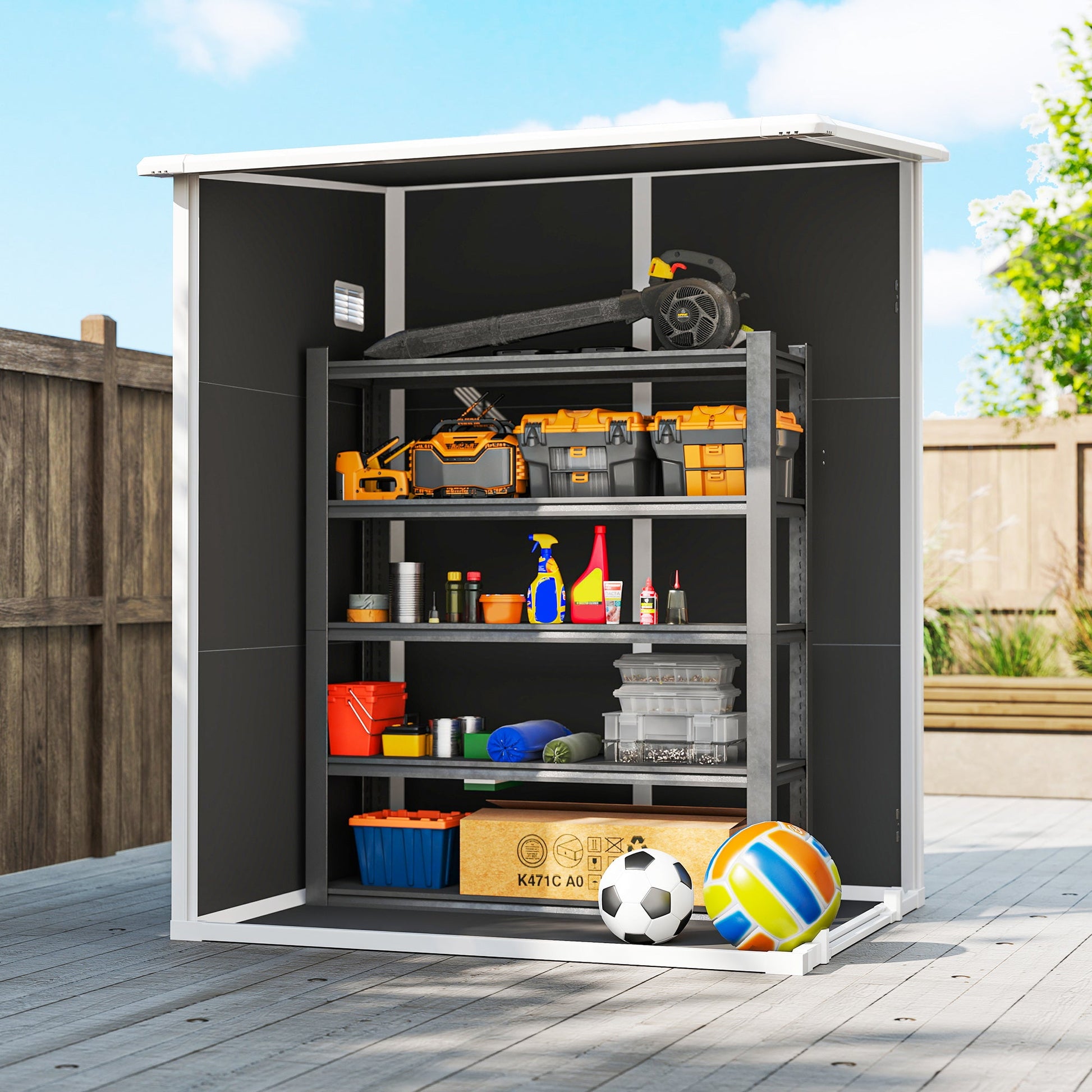 4 x 5FT Plastic Garden Shed with Floor, Lean to Outdoor Storage Shed, Lockable Tool Storage House with Window, Vent and Plastic Roof, Black