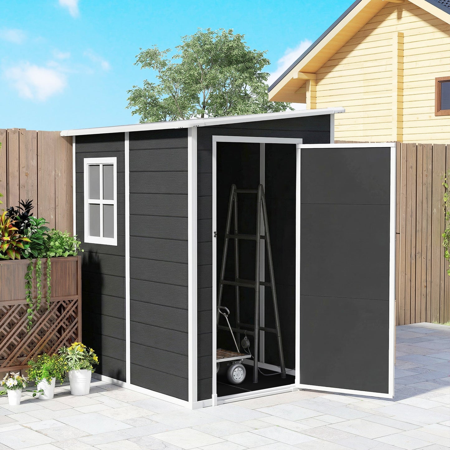4 x 5FT Plastic Garden Shed with Floor, Lean to Outdoor Storage Shed, Lockable Tool Storage House with Window, Vent and Plastic Roof, Black