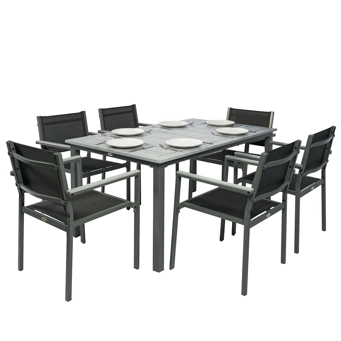 Garden Dining Set with Acacia Wood Table Top, Outdoor Table and Stackable Chairs Set for 6 with Texteline Seat, for Patio, Conservatory, Terrace, Grey