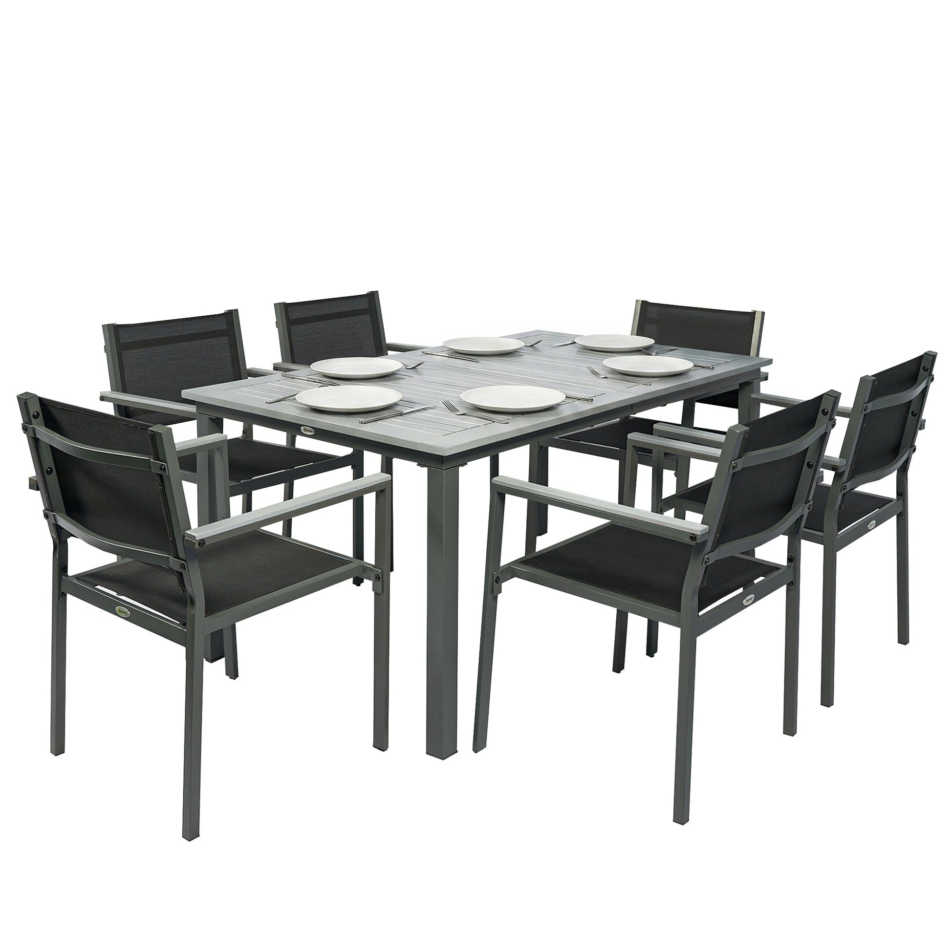 Garden Dining Set with Acacia Wood Table Top, Outdoor Table and Stackable Chairs Set for 6 with Texteline Seat, for Patio, Conservatory, Terrace, Grey