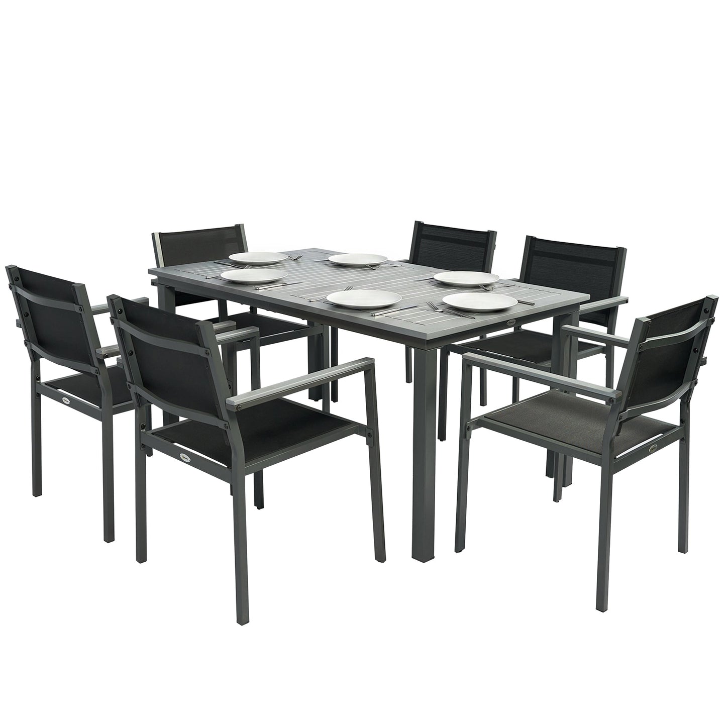 Garden Dining Set with Acacia Wood Table Top, Outdoor Table and Stackable Chairs Set for 6 with Texteline Seat, for Patio, Conservatory, Terrace, Grey