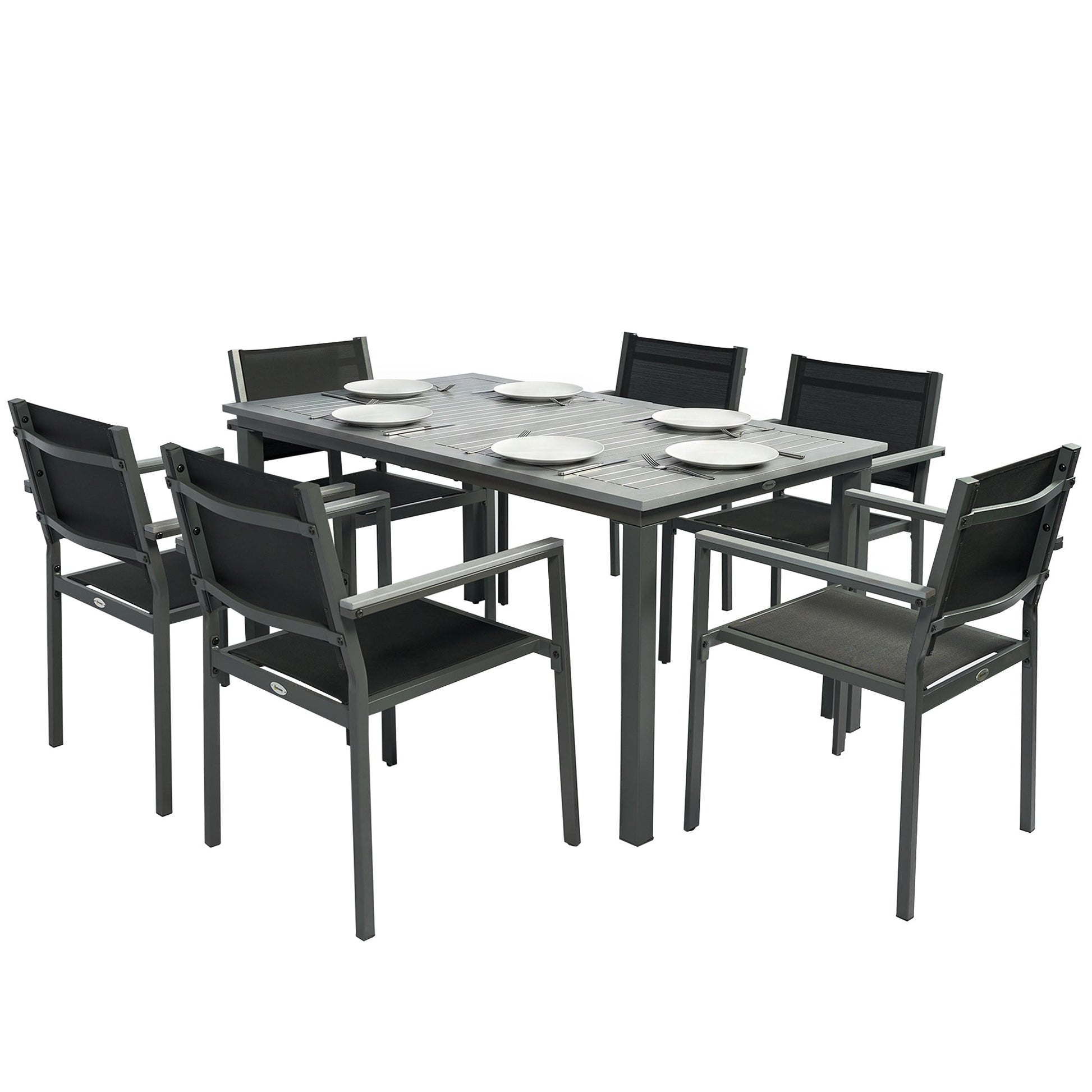 Garden Dining Set with Acacia Wood Table Top, Outdoor Table and Stackable Chairs Set for 6 with Texteline Seat, for Patio, Conservatory, Terrace, Grey