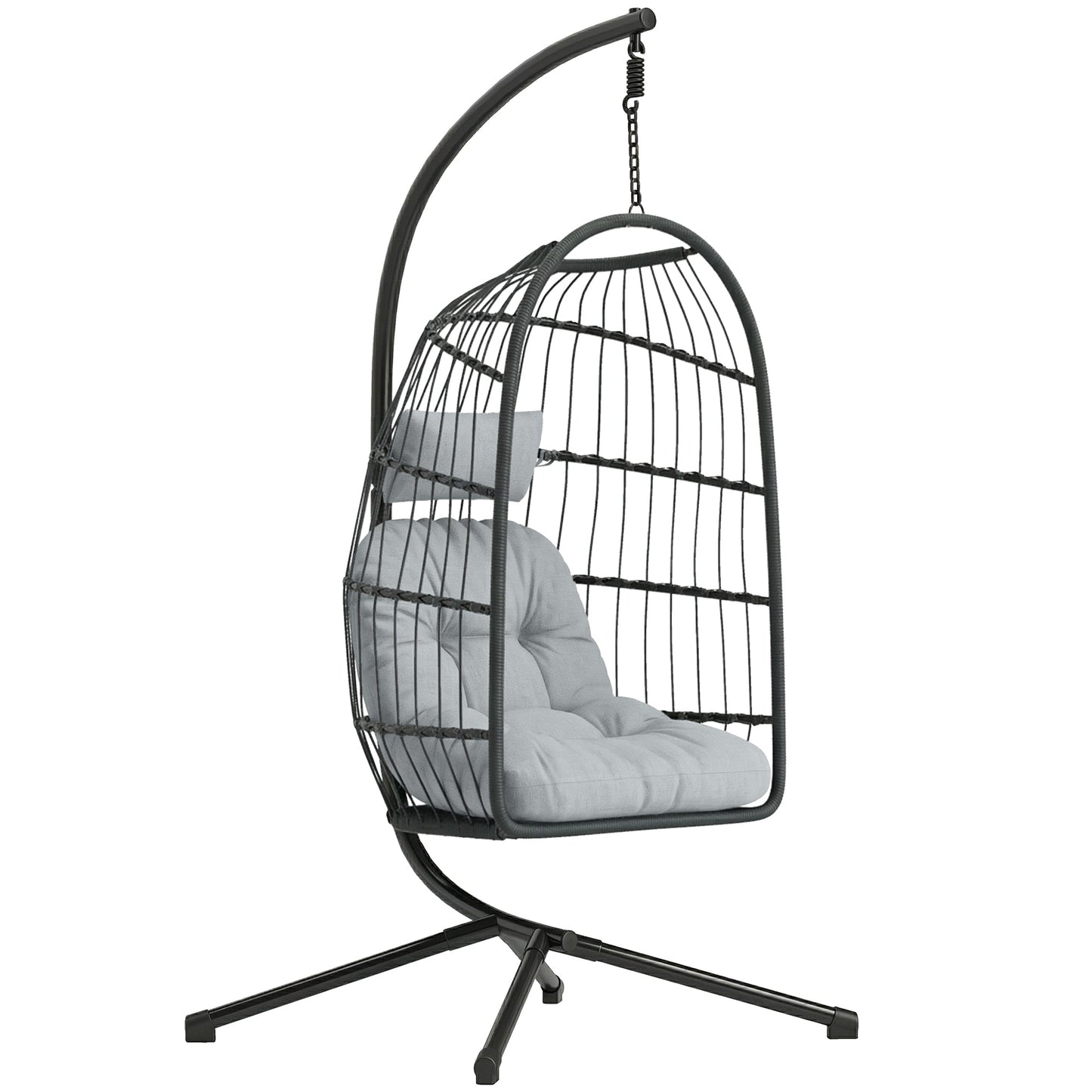Hanging Egg Chair, Indoor Outdoor Hammock Swing Chair with Stand, Safety Strap, Foldable Basket, Thick Cushions, Headrest, Adjustable Height, Metal Frame for Garden Balcony, Dark/Light Grey