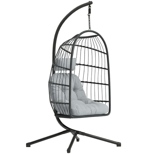 Hanging Egg Chair, Indoor Outdoor Hammock Swing Chair with Stand, Safety Strap, Foldable Basket, Thick Cushions, Headrest, Adjustable Height, Metal Frame for Garden Balcony, Dark/Light Grey