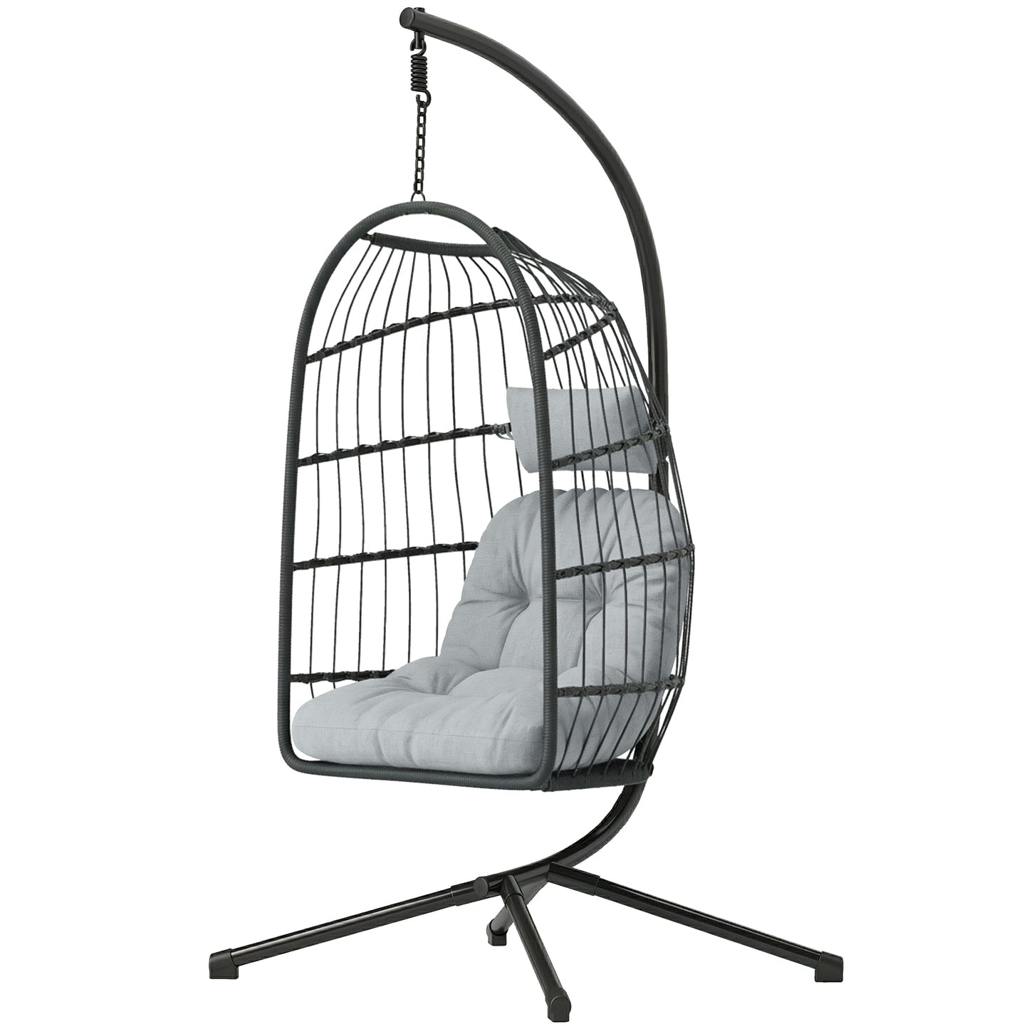 Hanging Egg Chair, Indoor Outdoor Hammock Swing Chair with Stand, Safety Strap, Foldable Basket, Thick Cushions, Headrest, Adjustable Height, Metal Frame for Garden Balcony, Dark/Light Grey