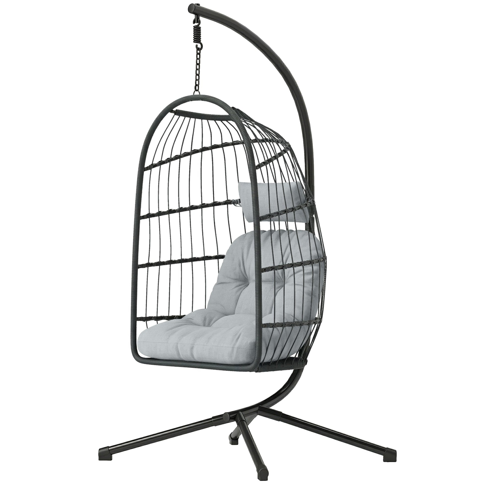 Hanging Egg Chair, Indoor Outdoor Hammock Swing Chair with Stand, Safety Strap, Foldable Basket, Thick Cushions, Headrest, Adjustable Height, Metal Frame for Garden Balcony, Dark/Light Grey