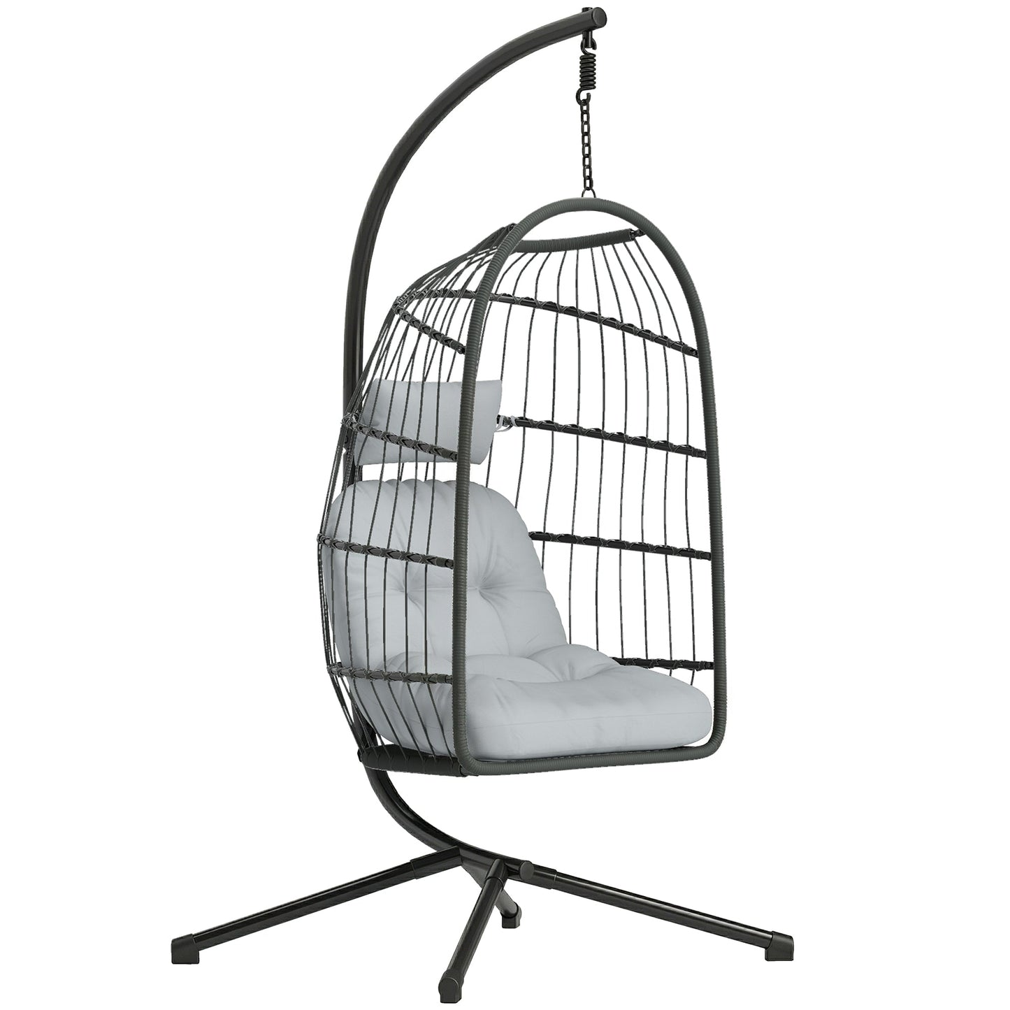 Hanging Egg Chair, Indoor Outdoor Hammock Swing Chair with Stand, Safety Strap, Foldable Basket, Thick Cushions, Headrest, Adjustable Height, Metal Frame for Garden Balcony, Dark/Light Grey