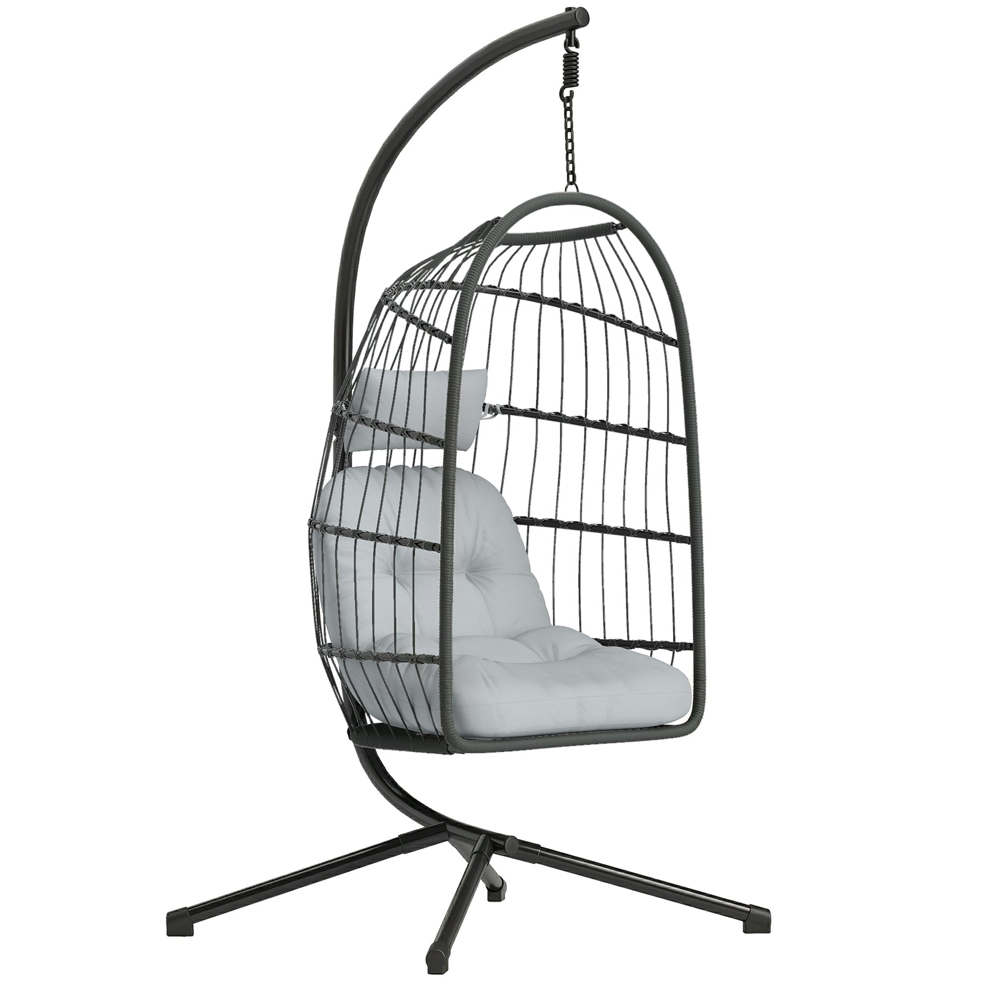 Hanging Egg Chair, Indoor Outdoor Hammock Swing Chair with Stand, Safety Strap, Foldable Basket, Thick Cushions, Headrest, Adjustable Height, Metal Frame for Garden Balcony, Dark/Light Grey