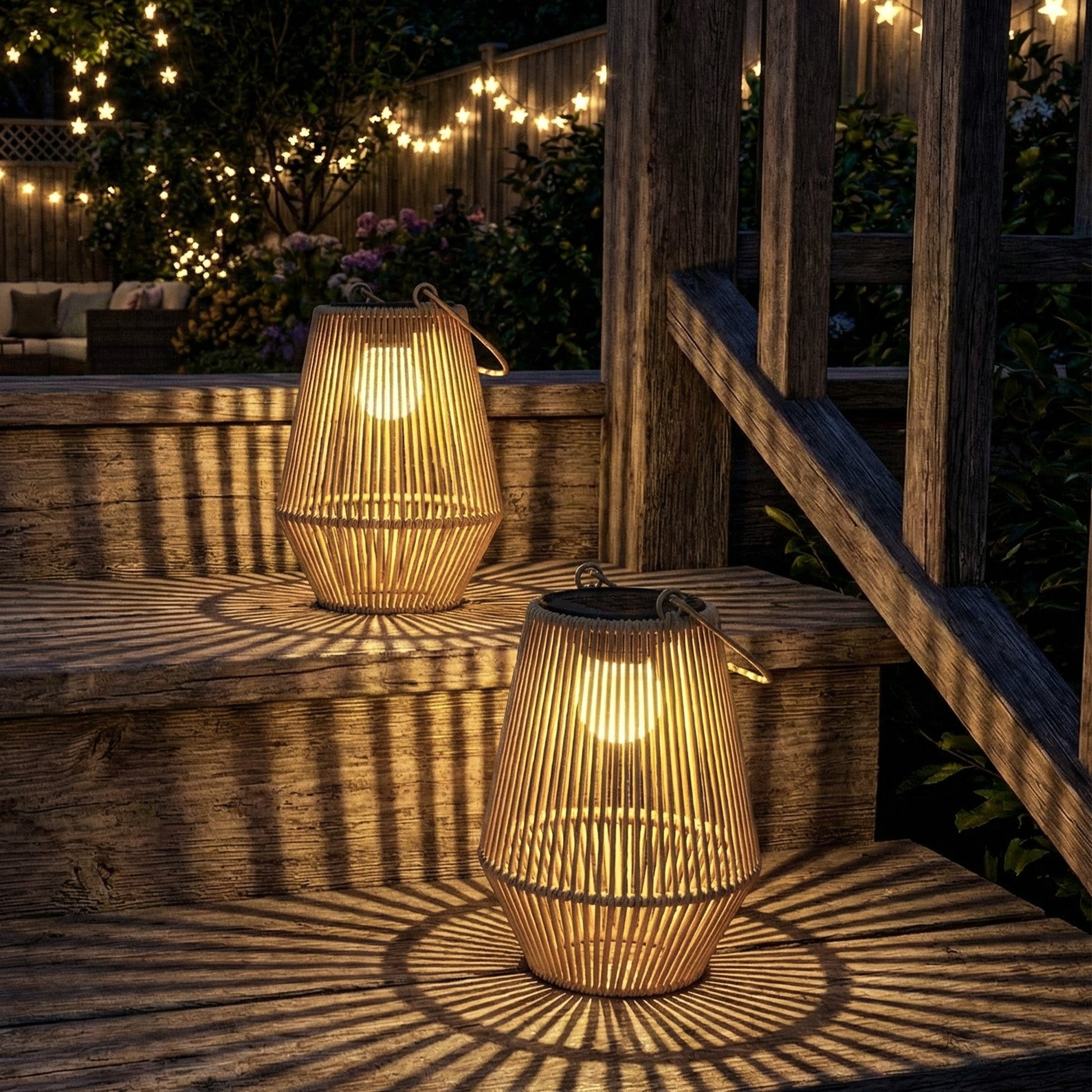 Hanging Solar Lights Outdoor Garden Lanterns, 2 Pack Rattan Solar Lights with Auto On/Off, Decorative Rattan Table Lamp with Handle, IP44 for Patio, Pathway, Terrace, Tree, Brown