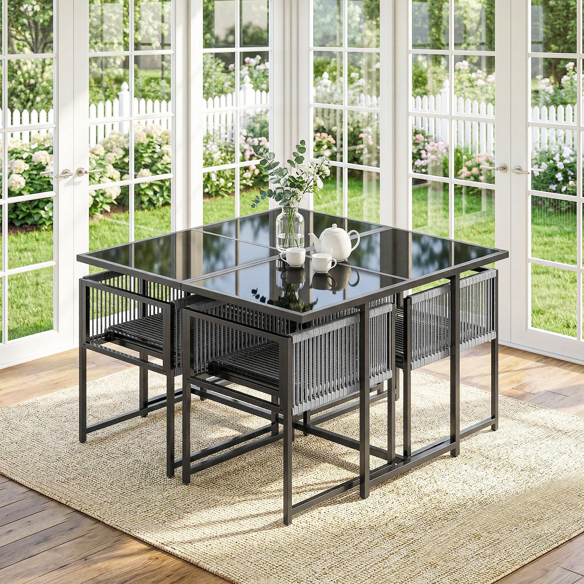 5 Pieces Garden Dining Set, Outdoor Patio Cube Set, 4 Seater Outdoor Table and Chairs with Foldable Backrest, Tempered Glass Top, Space-Saving, Light Grey